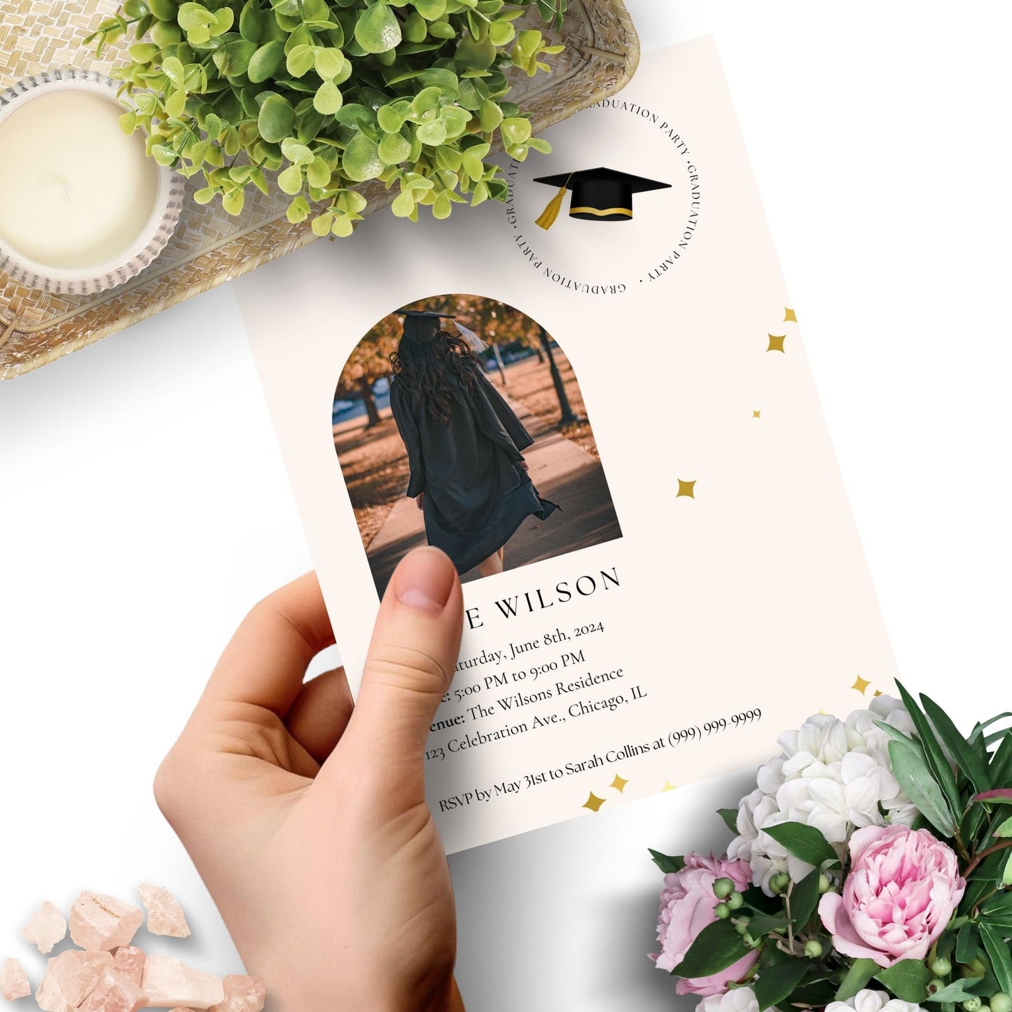Editable graduation party invitation featuring a photo of a graduate walking down a tree-lined path, with festive gold stars and graduation cap design elements. Text includes details of the event.