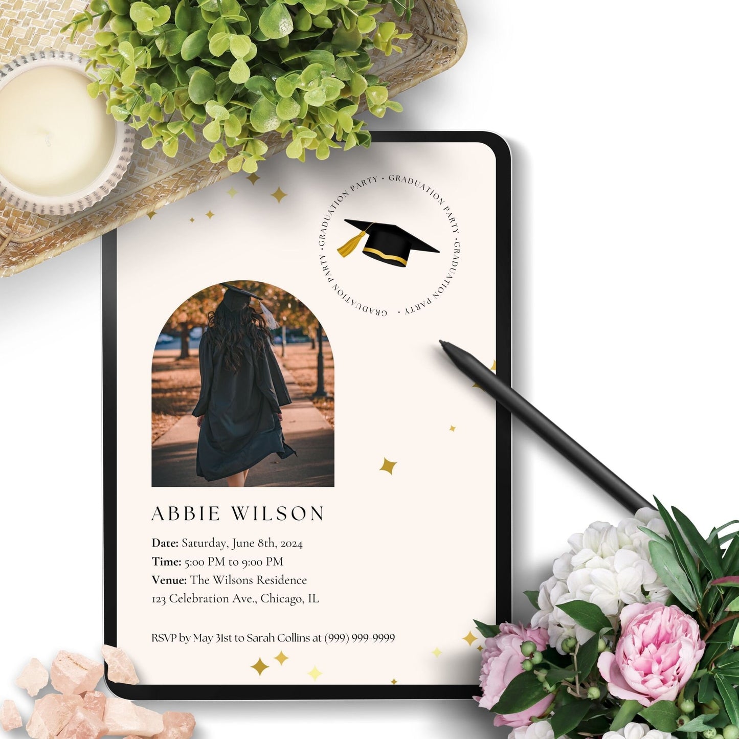 Editable graduation party invitation featuring a photo of a graduate walking down a tree-lined path, with festive gold stars and graduation cap design elements. Text includes details of the event.