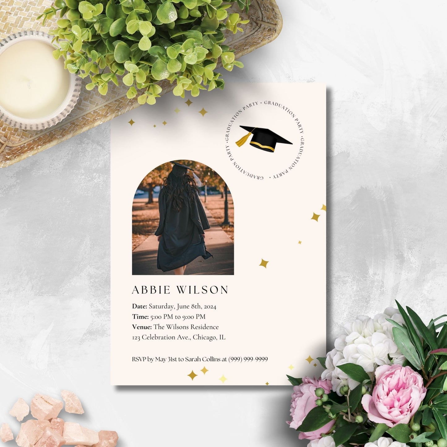 Editable graduation party invitation featuring a photo of a graduate walking down a tree-lined path, with festive gold stars and graduation cap design elements. Text includes details of the event.