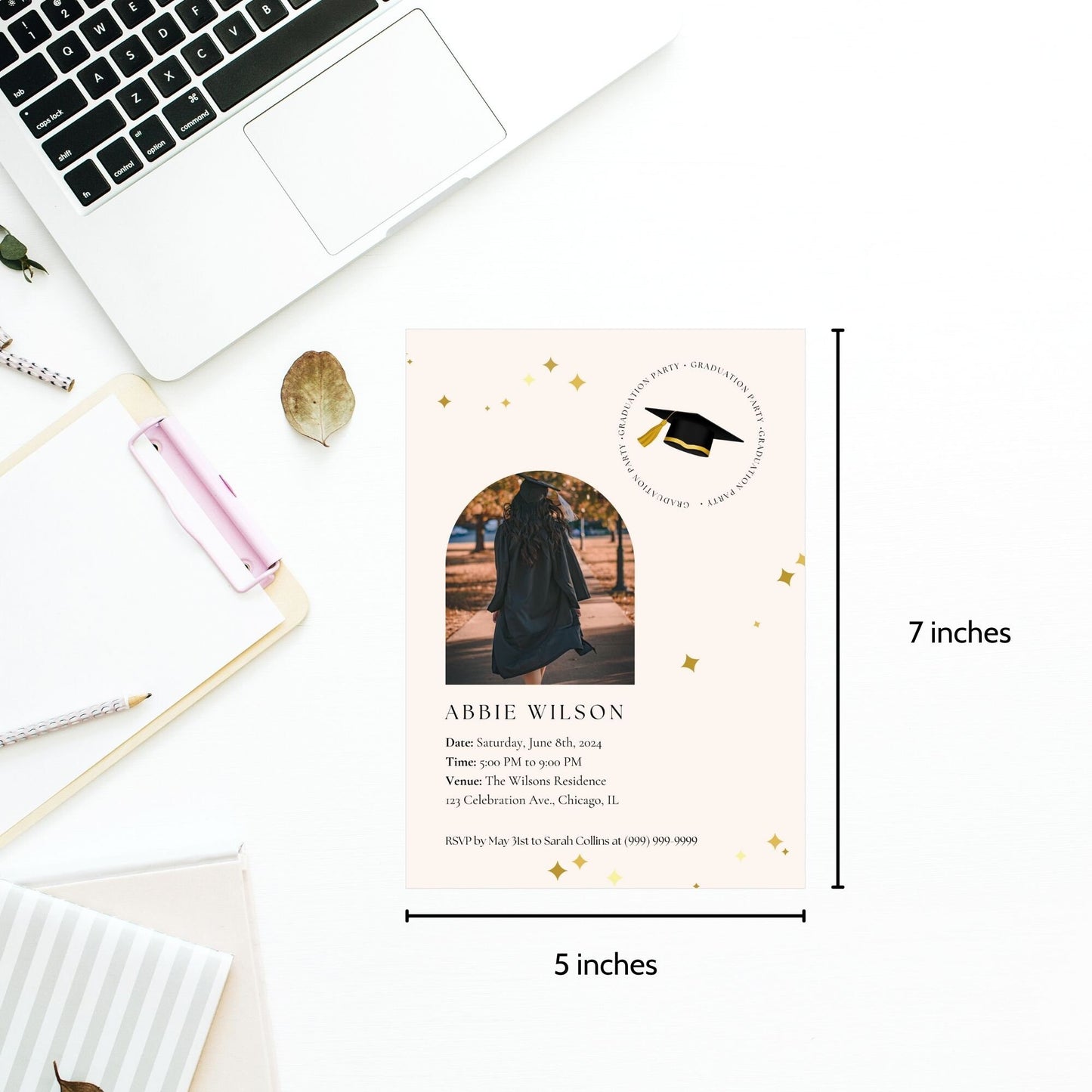 Editable graduation party invitation featuring a photo of a graduate walking down a tree-lined path, with festive gold stars and graduation cap design elements. Text includes details of the event.