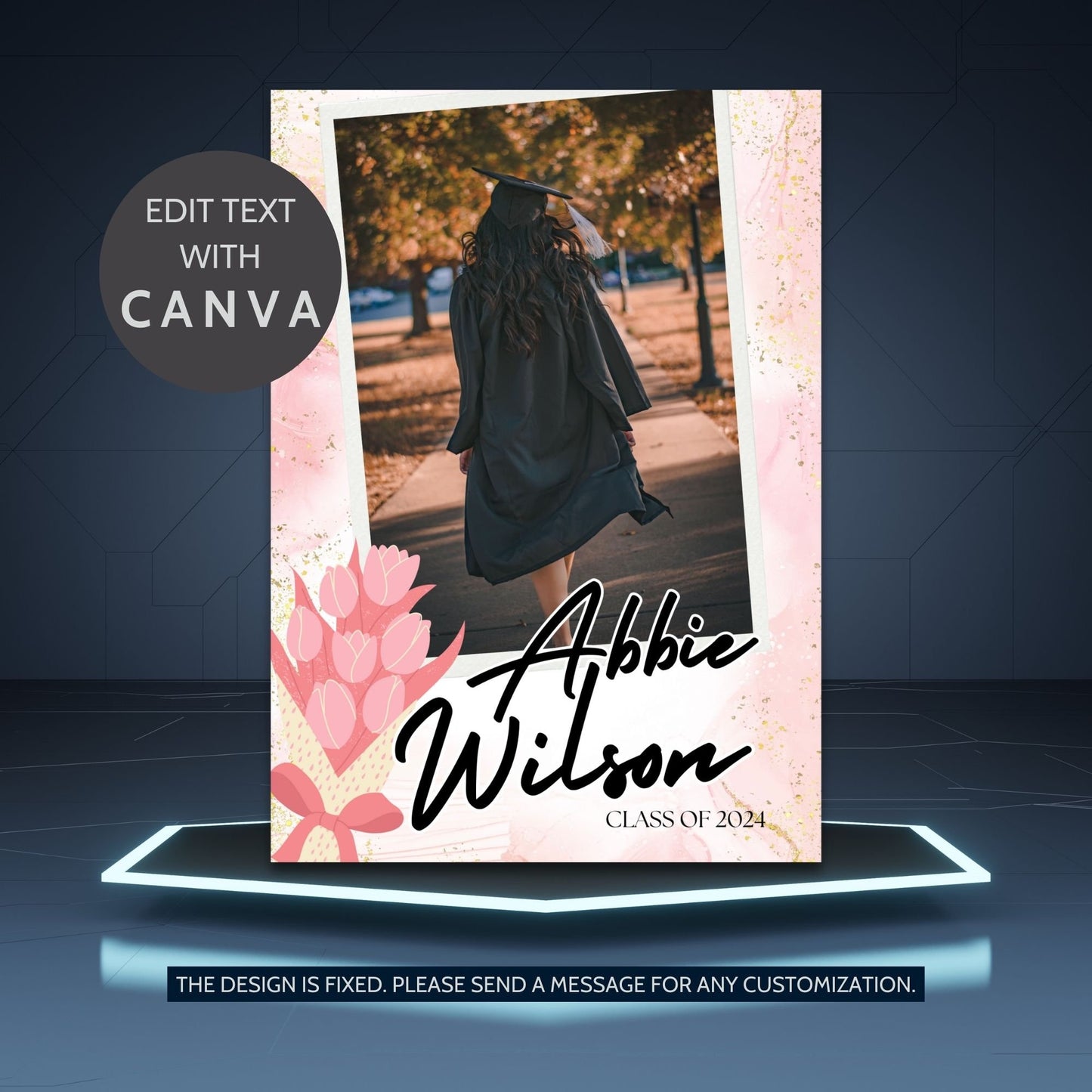Elegant double-sided graduation party invitation with a vibrant front featuring a graduate walking and a detailed back with event specifics, all set against a charming pink watercolor background with floral motifs.