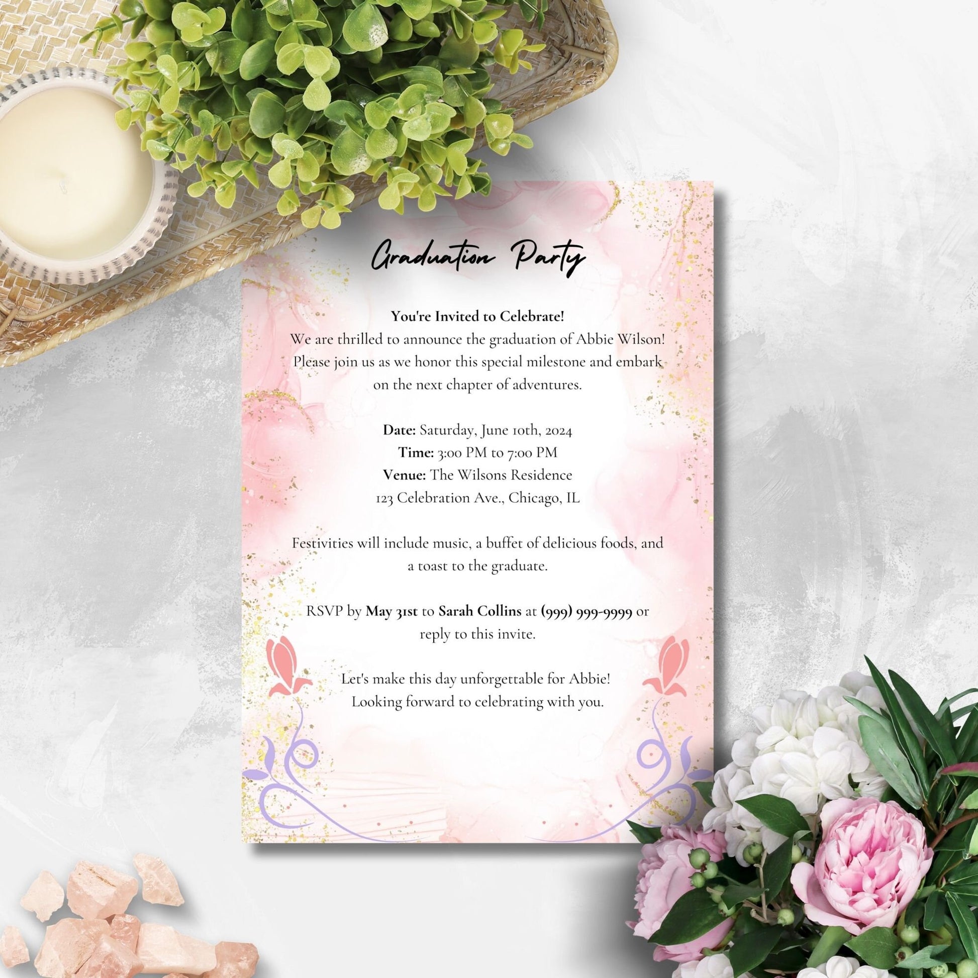 Elegant double-sided graduation party invitation with a vibrant front featuring a graduate walking and a detailed back with event specifics, all set against a charming pink watercolor background with floral motifs.