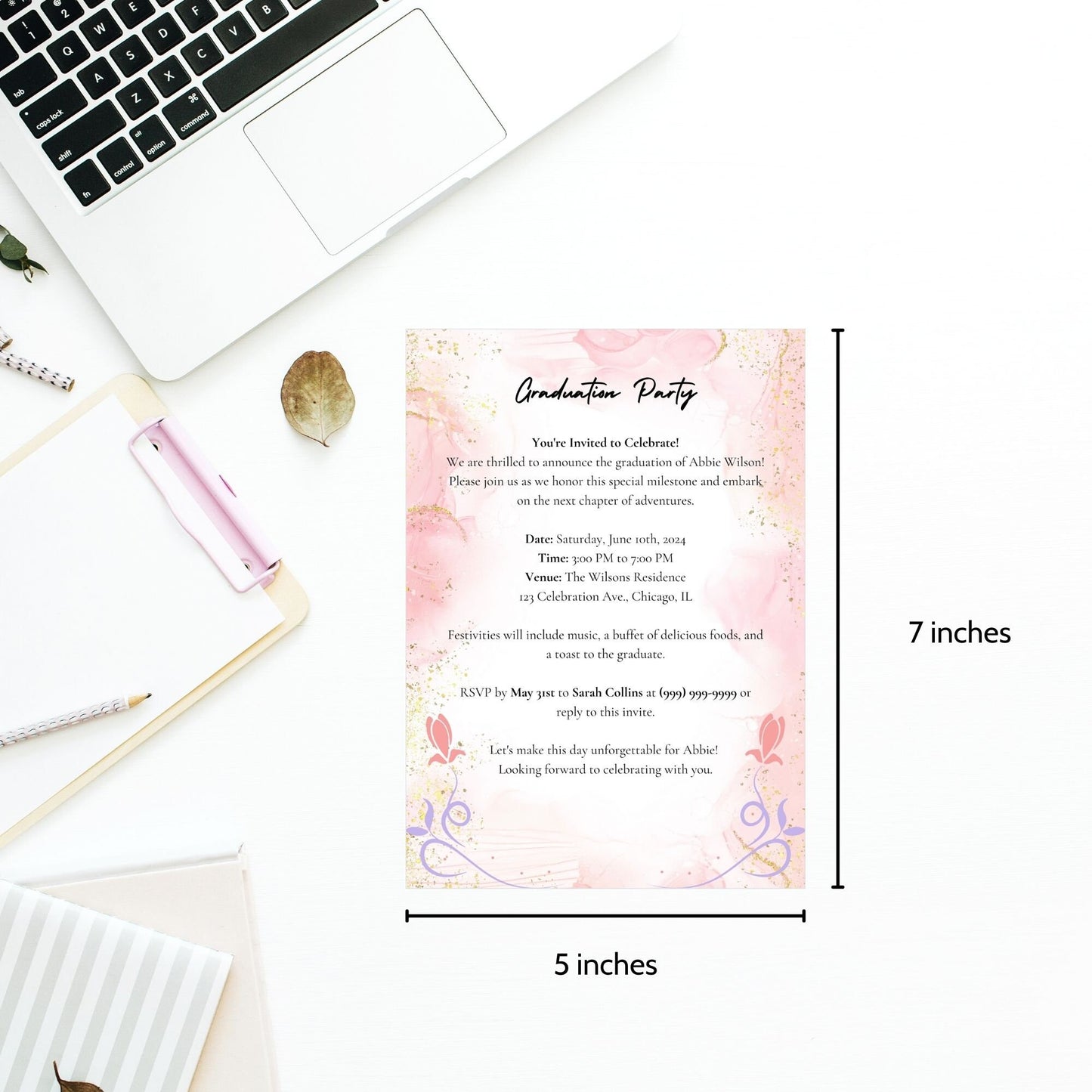 Elegant double-sided graduation party invitation with a vibrant front featuring a graduate walking and a detailed back with event specifics, all set against a charming pink watercolor background with floral motifs.