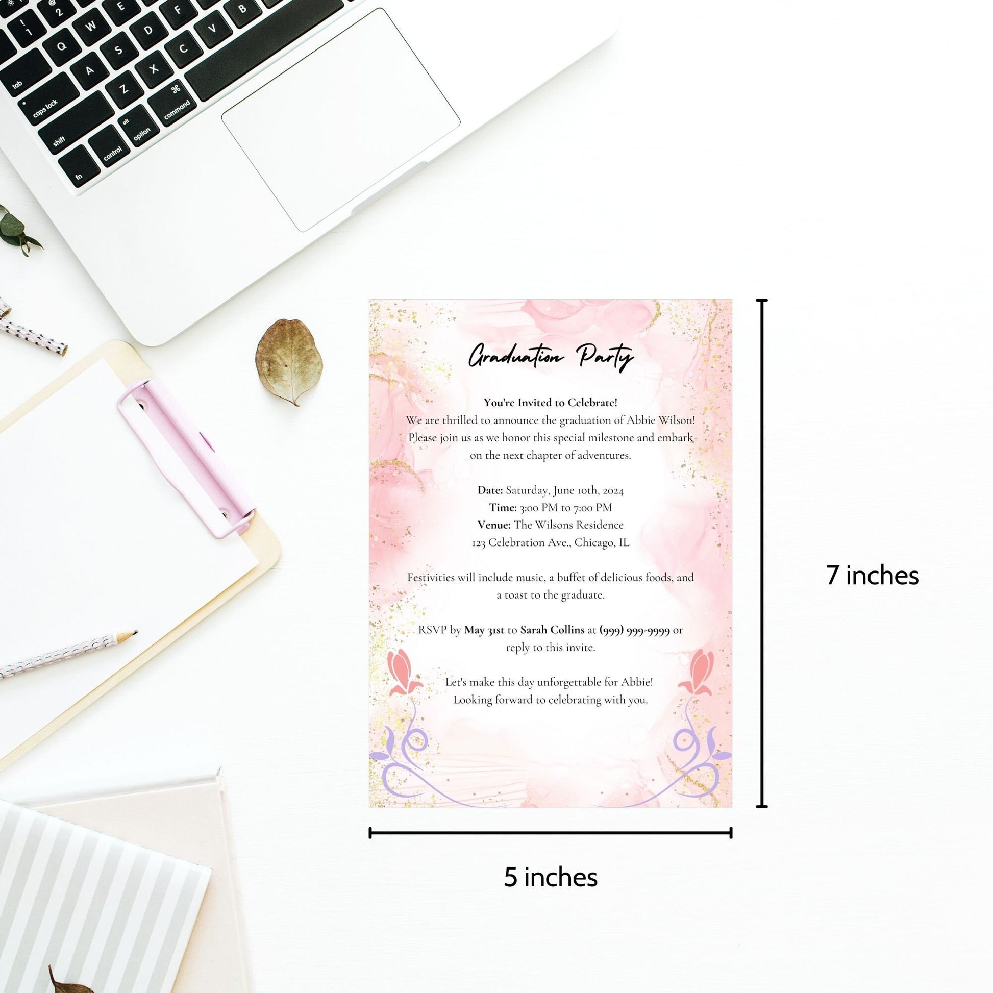 Elegant double-sided graduation party invitation with a vibrant front featuring a graduate walking and a detailed back with event specifics, all set against a charming pink watercolor background with floral motifs.