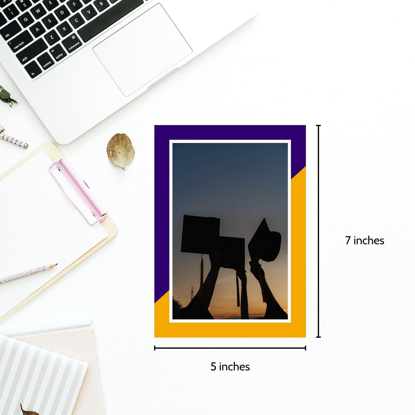 Dynamic double-sided graduation party invitation featuring graduates with diplomas at sunset on the front, and party details over a vibrant purple and yellow background on the back.