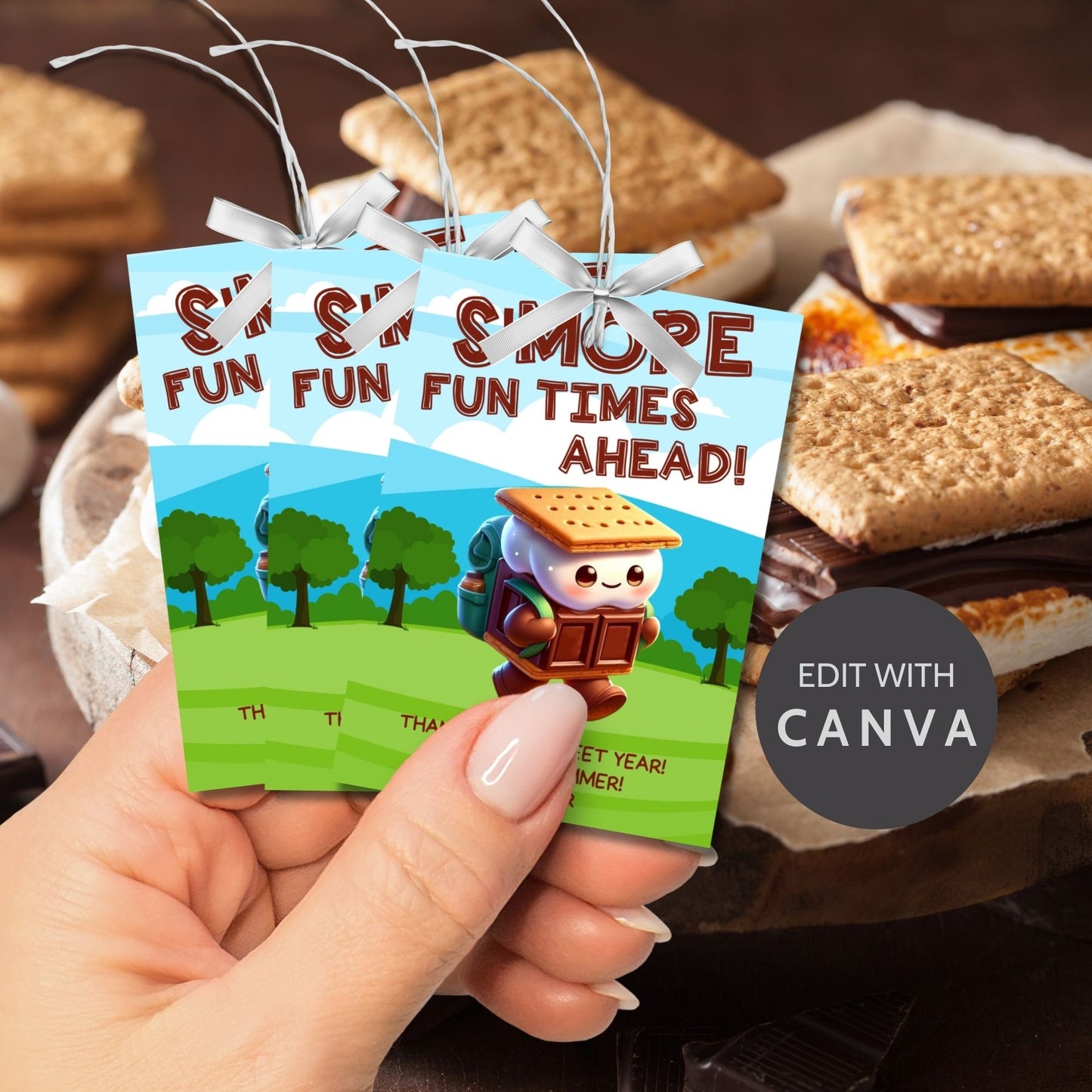 Fun summer gift tags featuring a cute smore character with a backpack and the text Smore Fun Times Ahead! Thanks for a Sweet Year! Enjoy the Summer! Personalize with names.
