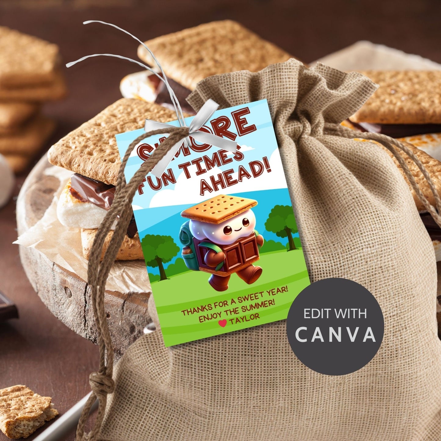 Fun summer gift tags featuring a cute smore character with a backpack and the text Smore Fun Times Ahead! Thanks for a Sweet Year! Enjoy the Summer! Personalize with names.