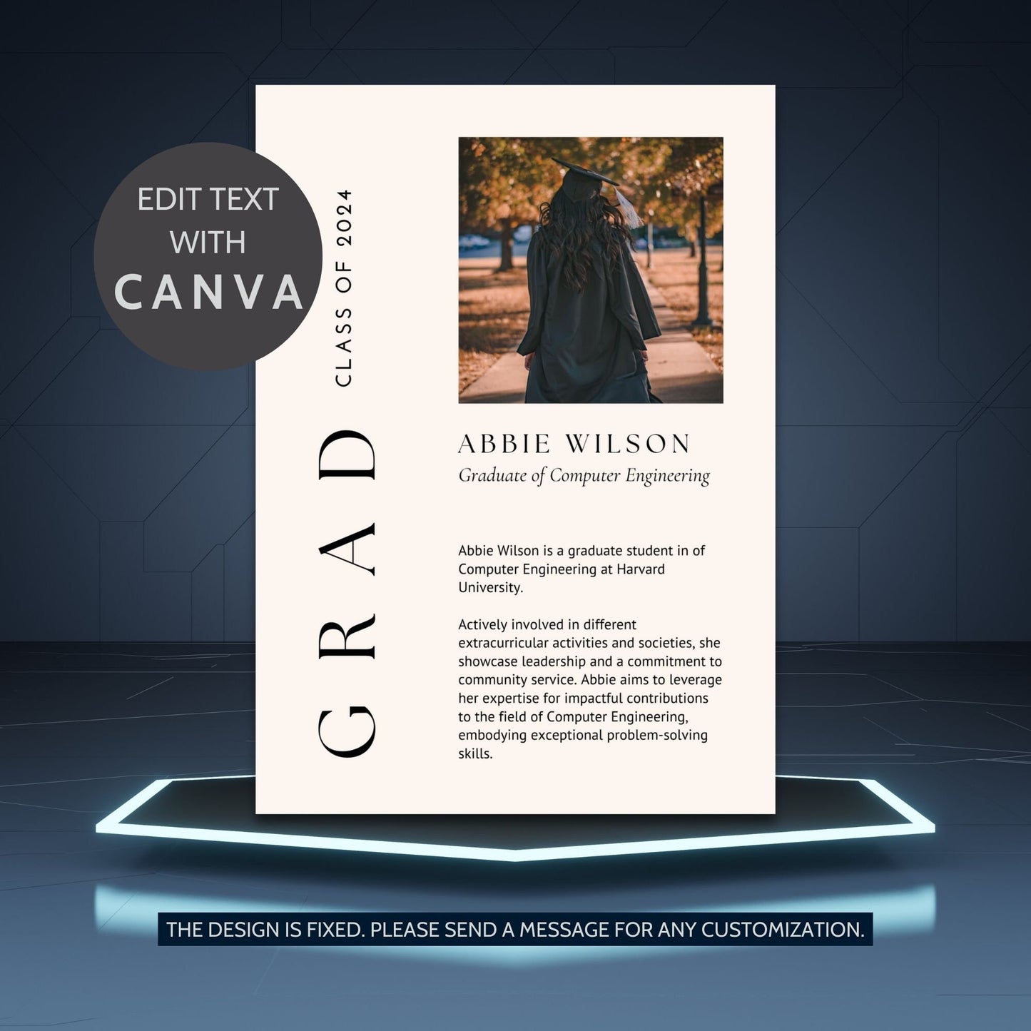 Elegant double-sided graduation party invitation featuring Abbie Wilson in graduation attire on the front and event details on the back, set against a backdrop of golden accents and classically styled text.