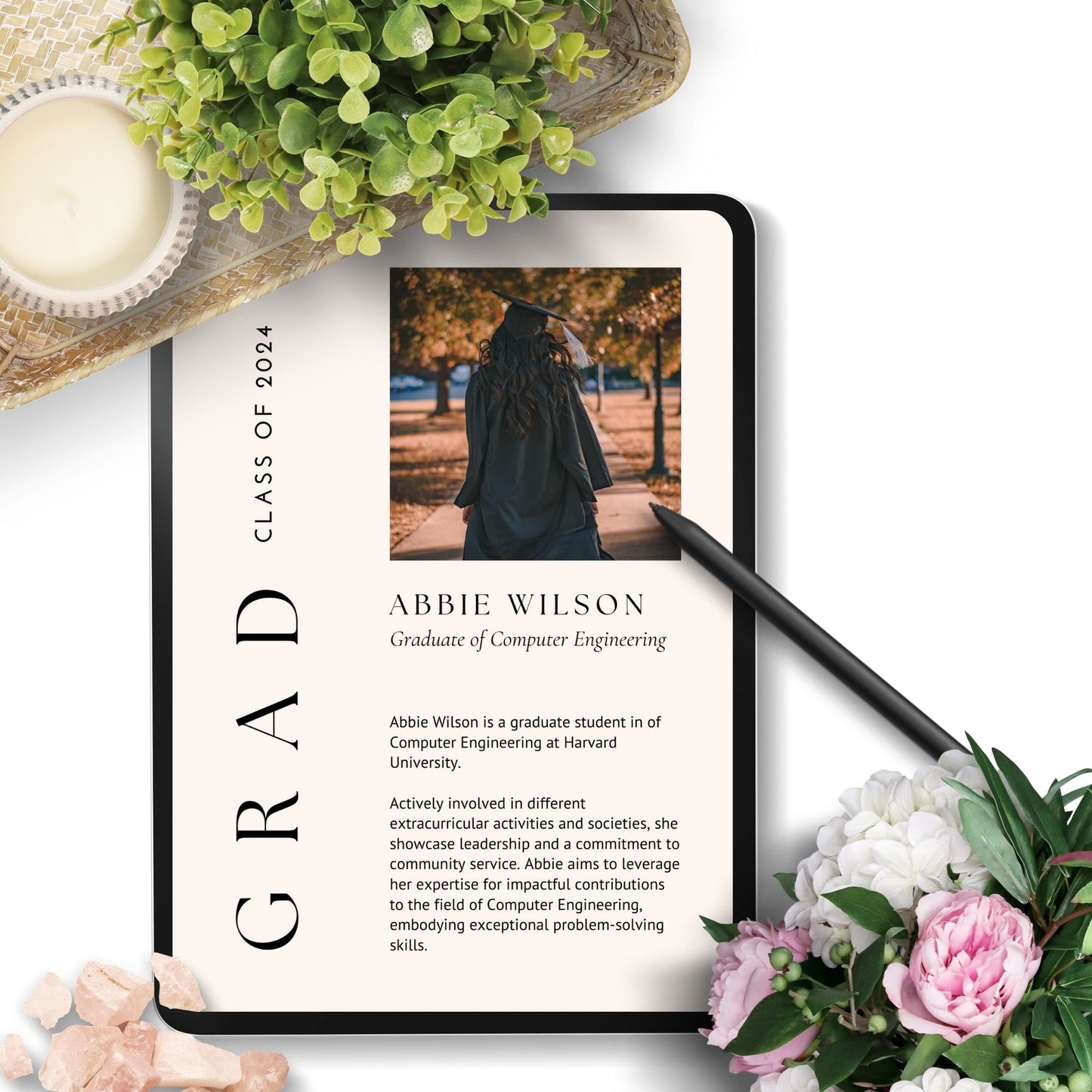Elegant double-sided graduation party invitation featuring Abbie Wilson in graduation attire on the front and event details on the back, set against a backdrop of golden accents and classically styled text.