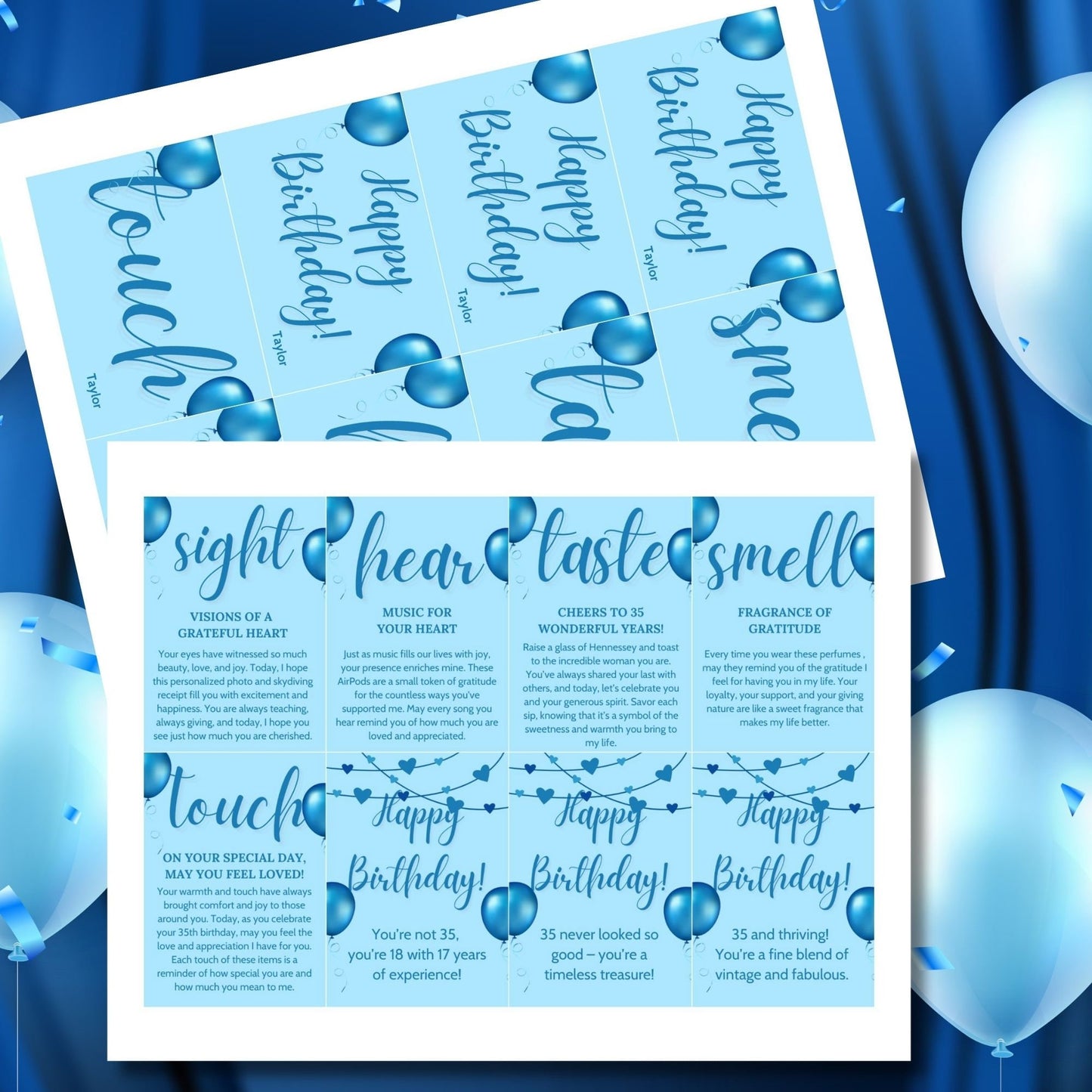 Elegant and customizable 5 Senses Birthday Gift Tags for teachers, nurses, employees, staff, bus drivers, and admin. Includes a PDF with an editable Canva template. Double-sided design with personalized descriptions and recipients name.
