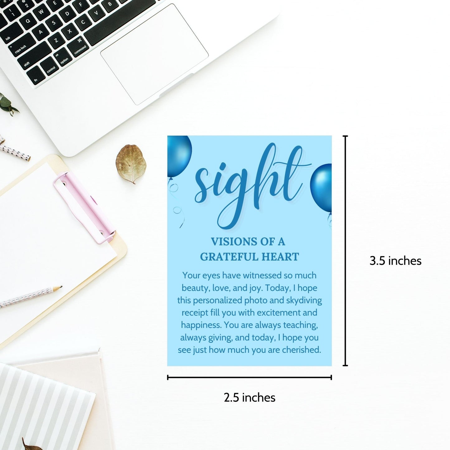 Elegant and customizable 5 Senses Birthday Gift Tags for teachers, nurses, employees, staff, bus drivers, and admin. Includes a PDF with an editable Canva template. Double-sided design with personalized descriptions and recipients name.