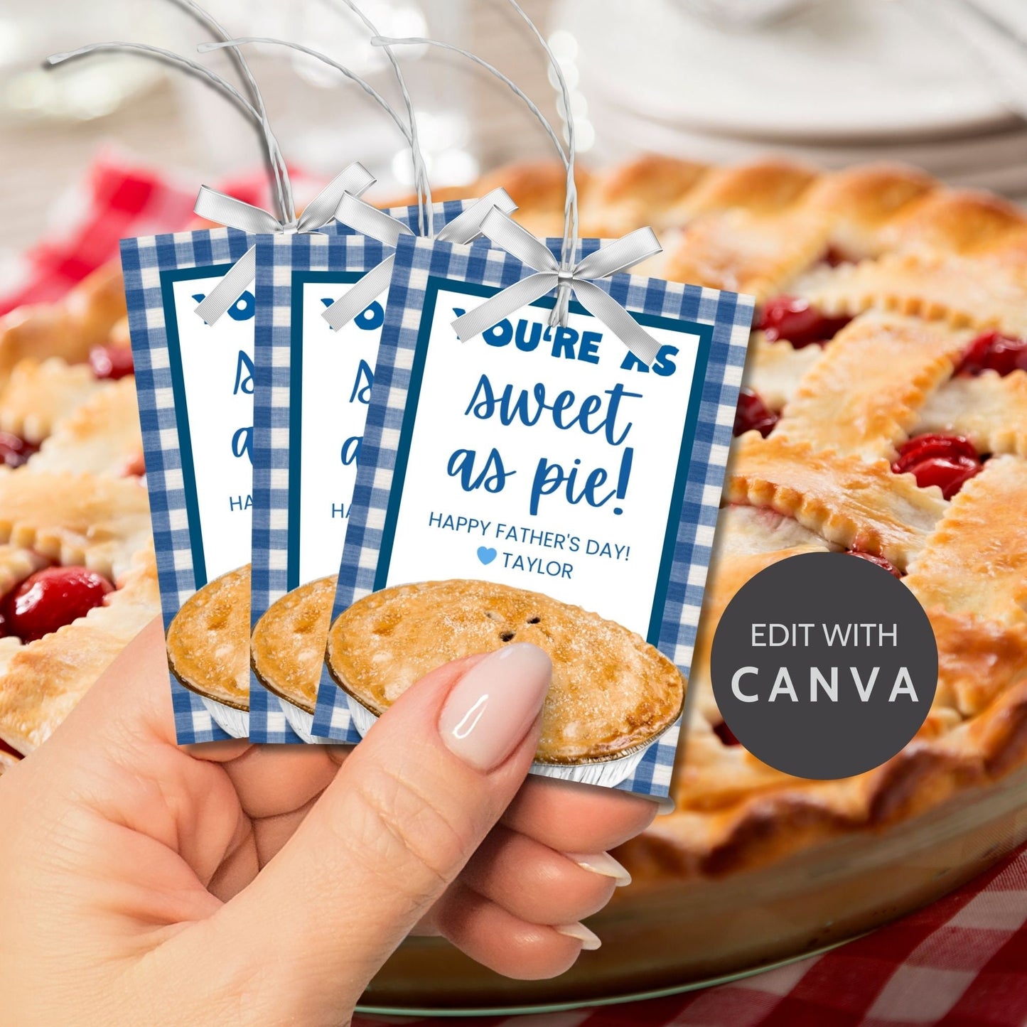 Eight pie-themed Fathers Day gift tags displayed in two rows of four. Each tag features a message about dad being as sweet as pie, with a customizable name slot and an illustration of a delicious pie.
