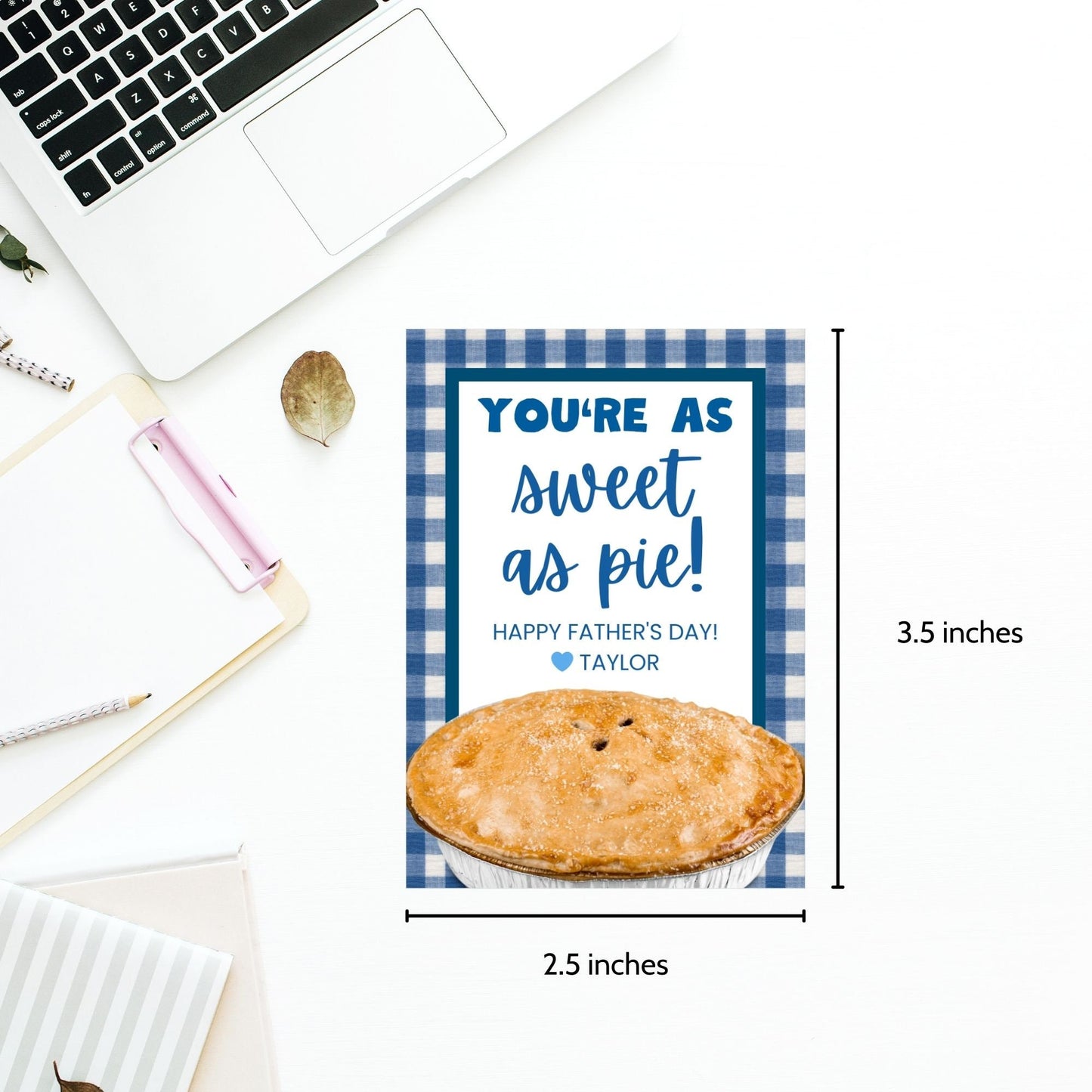Eight pie-themed Fathers Day gift tags displayed in two rows of four. Each tag features a message about dad being as sweet as pie, with a customizable name slot and an illustration of a delicious pie.