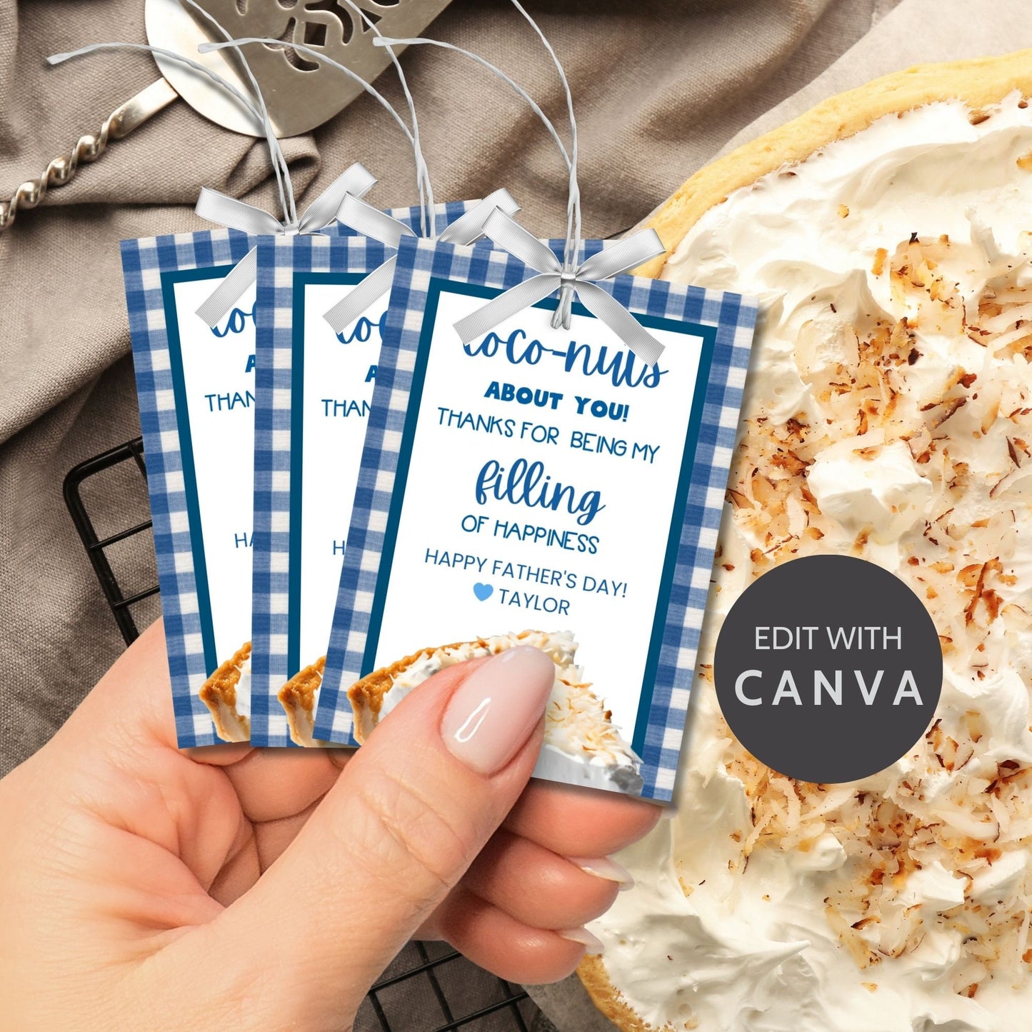 Eight coconut pie-themed Fathers Day gift tags displayed in two rows of four. Each tag features a message about dad being coco-nuts about you and filling of happiness, with a customizable name slot and an illustration of a slice of coconut pie.