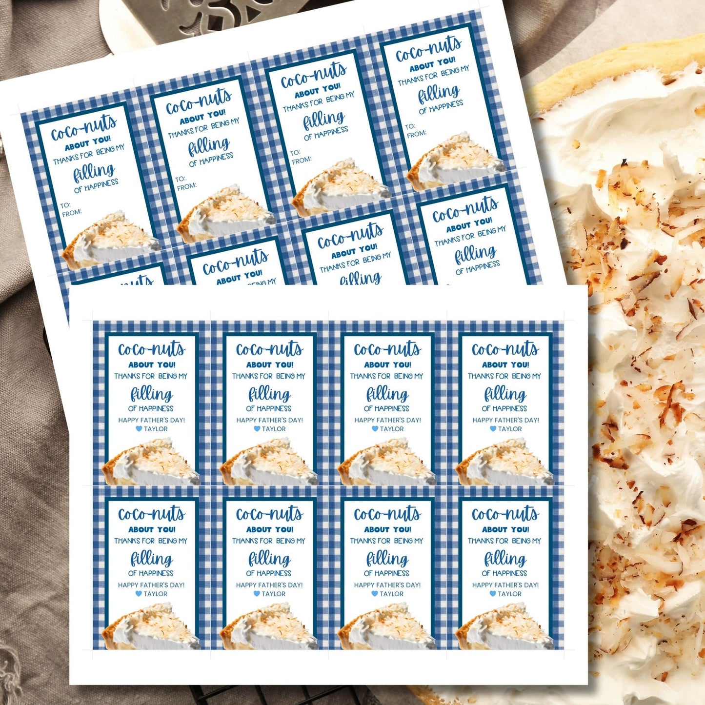 Eight coconut pie-themed Fathers Day gift tags displayed in two rows of four. Each tag features a message about dad being coco-nuts about you and filling of happiness, with a customizable name slot and an illustration of a slice of coconut pie.