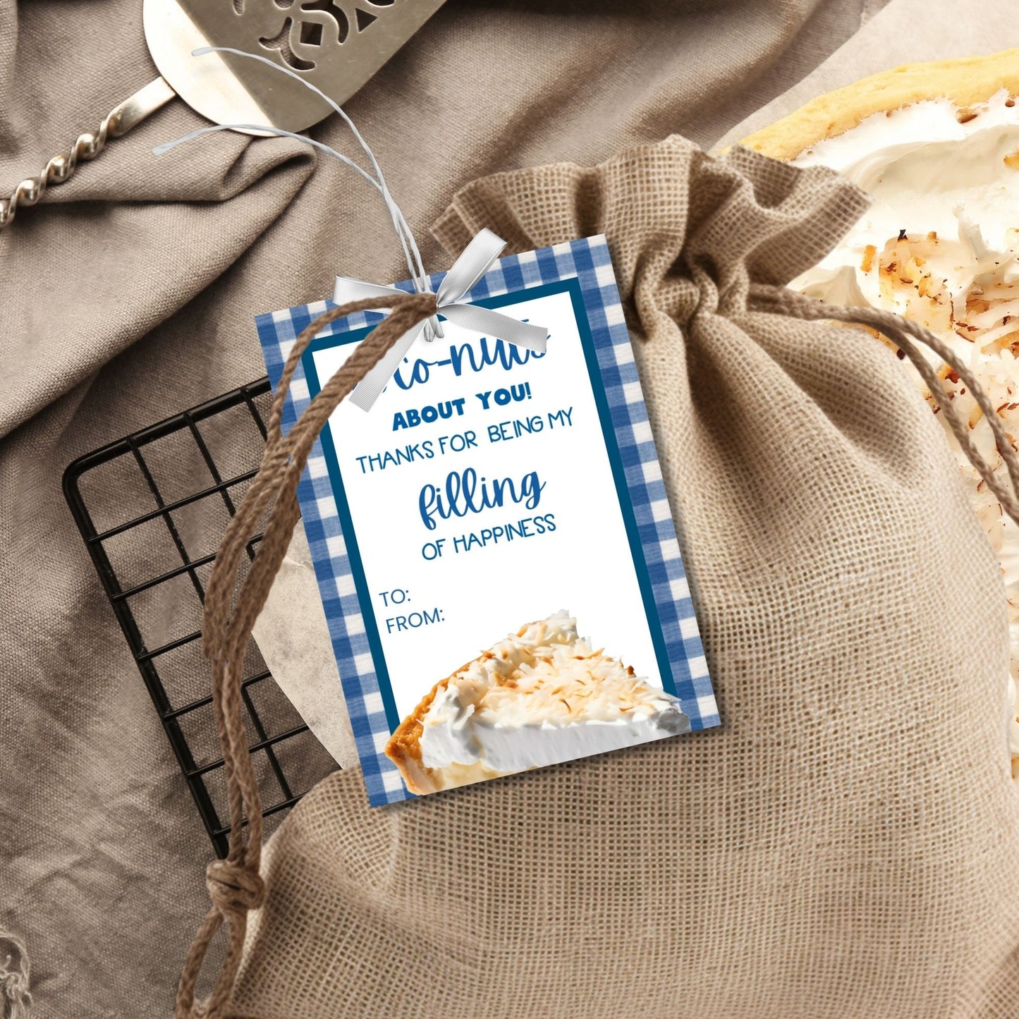 Eight coconut pie-themed Fathers Day gift tags displayed in two rows of four. Each tag features a message about dad being coco-nuts about you and filling of happiness, with a customizable name slot and an illustration of a slice of coconut pie.