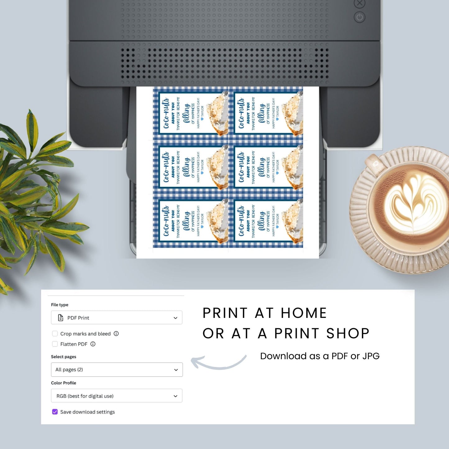 Eight coconut pie-themed Fathers Day gift tags displayed in two rows of four. Each tag features a message about dad being coco-nuts about you and filling of happiness, with a customizable name slot and an illustration of a slice of coconut pie.