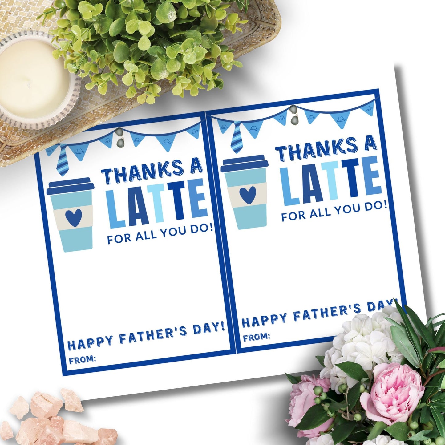 Fathers Day coffee card holder with Thanks a LATTE for all you do! in blue, featuring a coffee cup with a heart, banners, and customizable from space. Fits 5x7 on 8.5x11 paper.