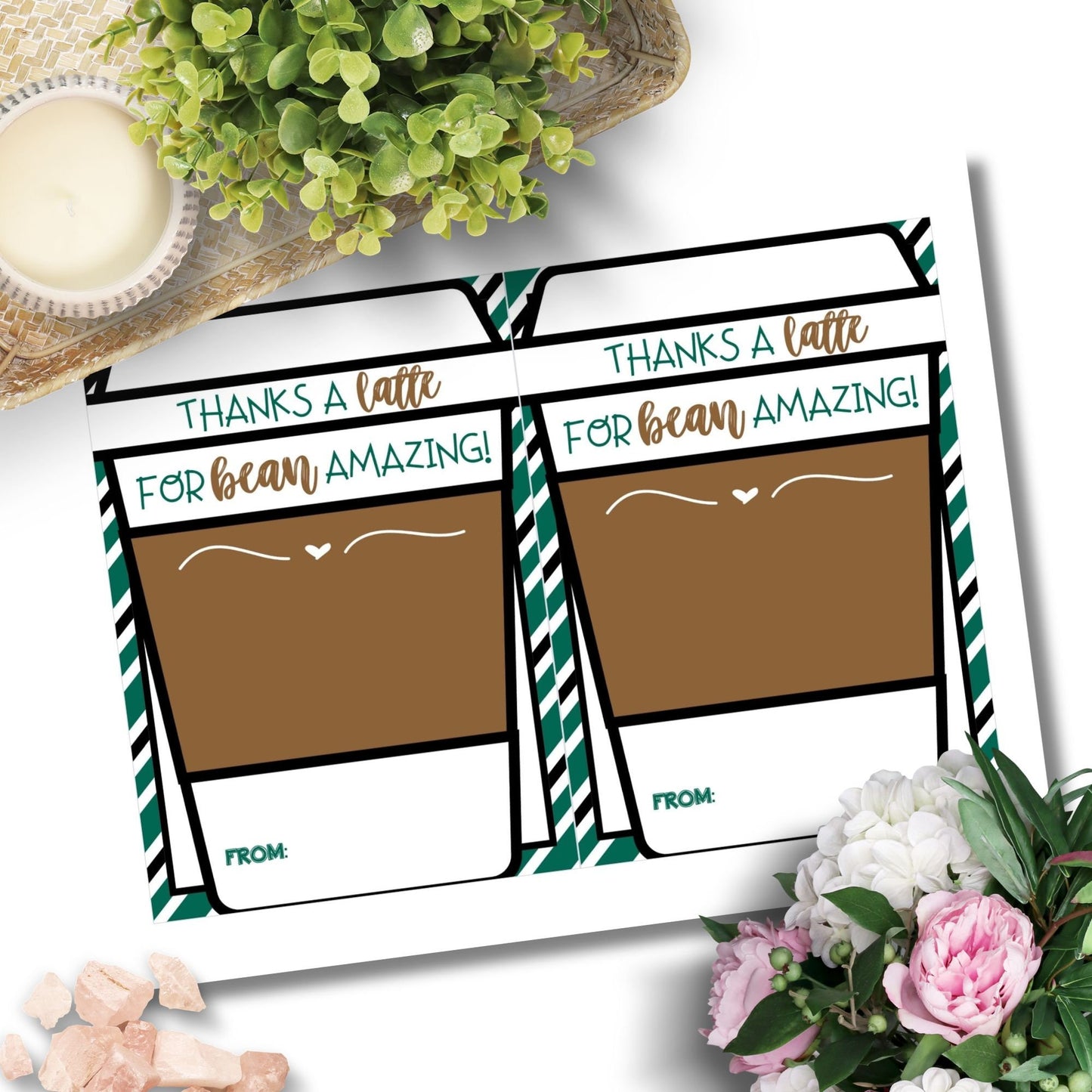 Printable Thanks a latte for bean amazing! card with a coffee cup design, ideal for accompanying a Starbucks gift card.