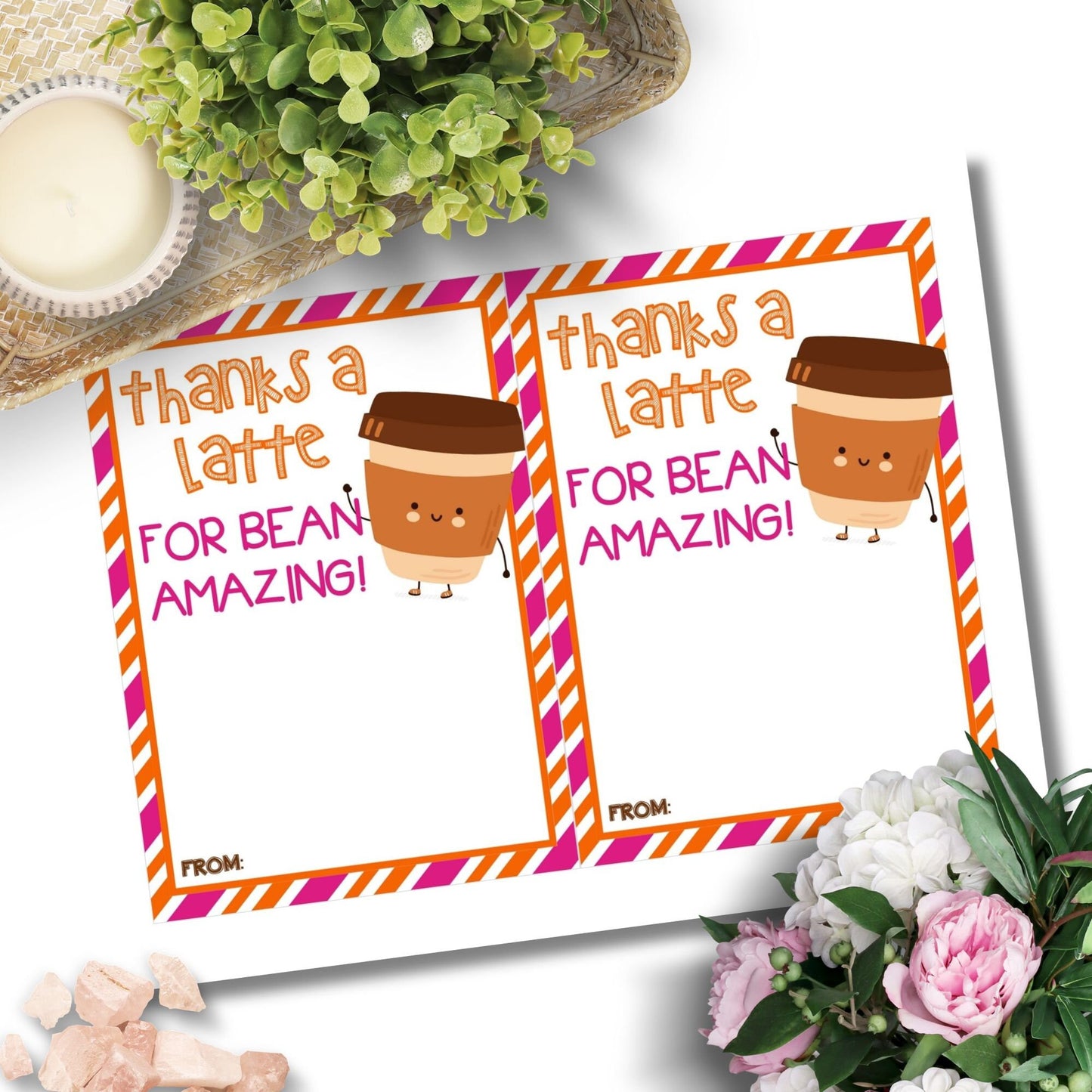 Whimsical Thanks a latte for bean amazing! greeting card featuring a smiling coffee cup, ideal for pairing with a Dunkin Donuts coffee gift card.