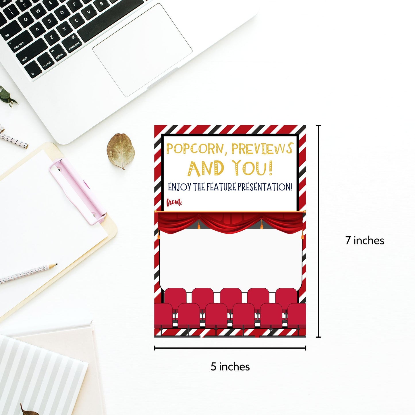 Movie-themed gift card holder featuring a cinema screen and theater seating with the text Popcorn, Previews and You! Enjoy the feature presentation!, ideal for movie theater or streaming service gift cards.