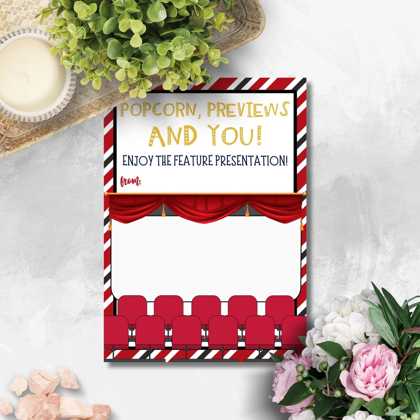 Movie-themed gift card holder featuring a cinema screen and theater seating with the text Popcorn, Previews and You! Enjoy the feature presentation!, ideal for movie theater or streaming service gift cards.