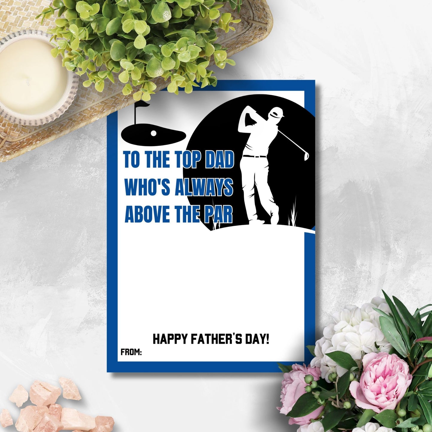 Fathers Day card featuring a golfer silhouette with To the top dad who's always above the par message, ideal for pairing with a Top Golf or any golf gift card.