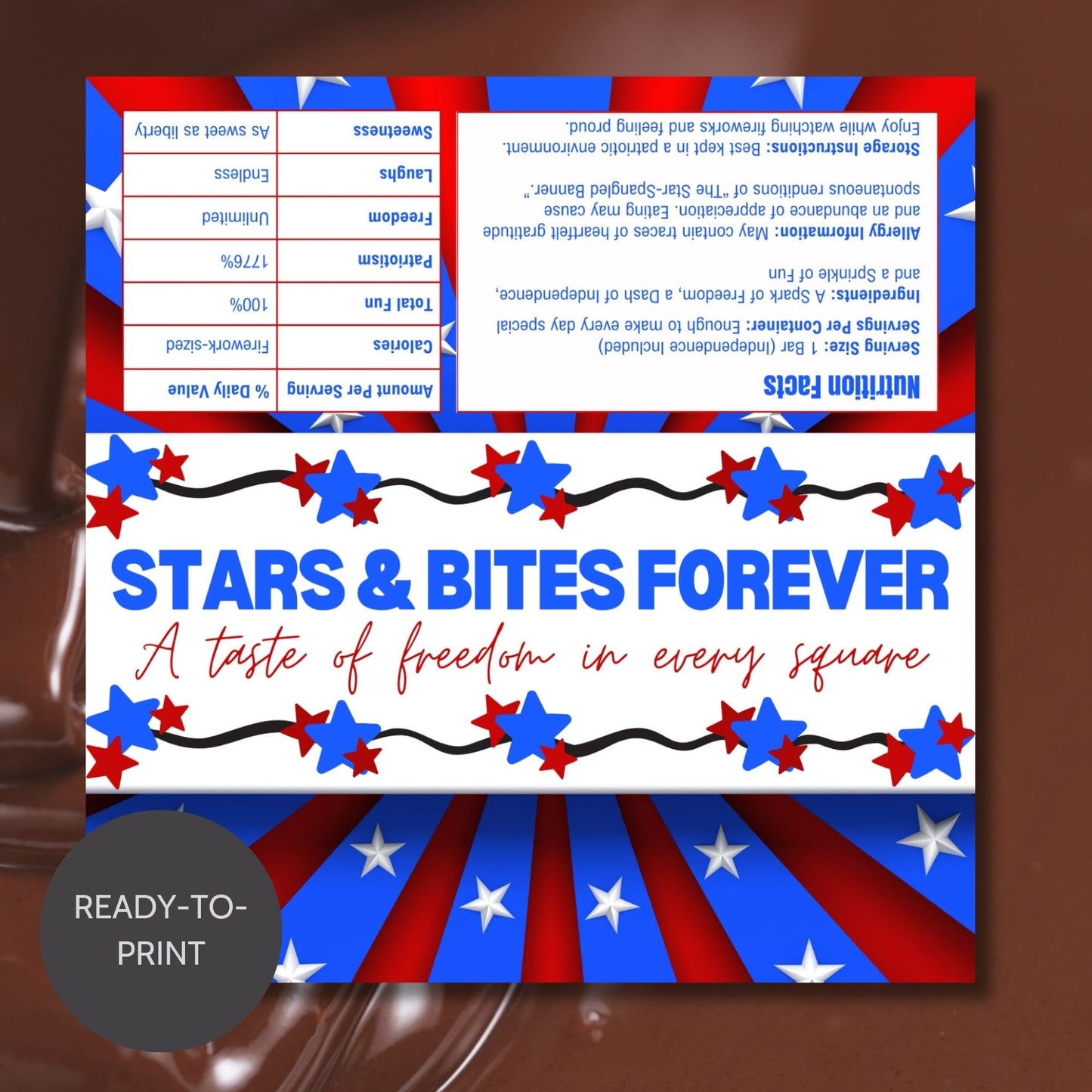 Printable 4th of July chocolate bar wrapper featuring a patriotic red, white, and blue star design with the message Stars & Bites Forever - A taste of freedom in every square. Personalizable with Happy 4th!