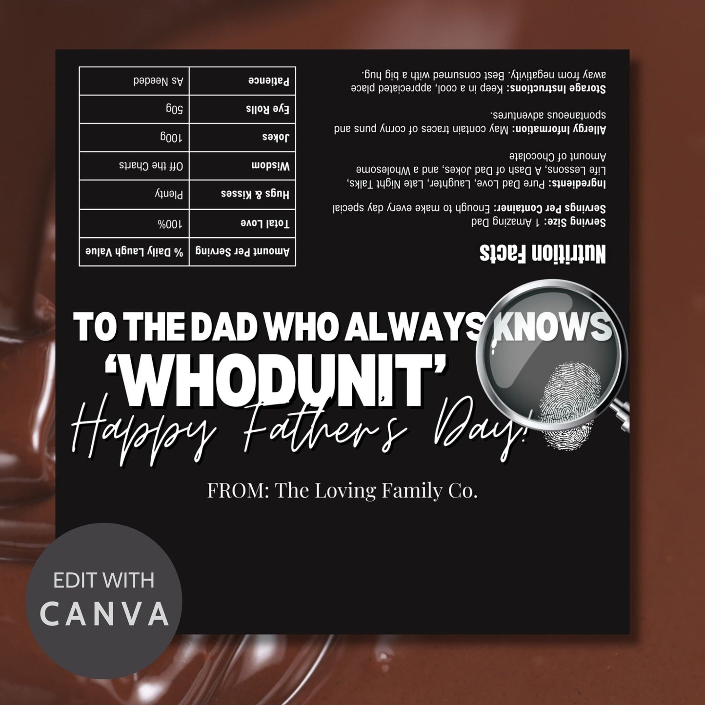 Detective-themed Fathers Day chocolate bar wrapper in black and white with a magnifying glass, fingerprint, and text To the Dad Who Always Knows Whodunit! Happy Fathers Day! from the Loving Family Co.