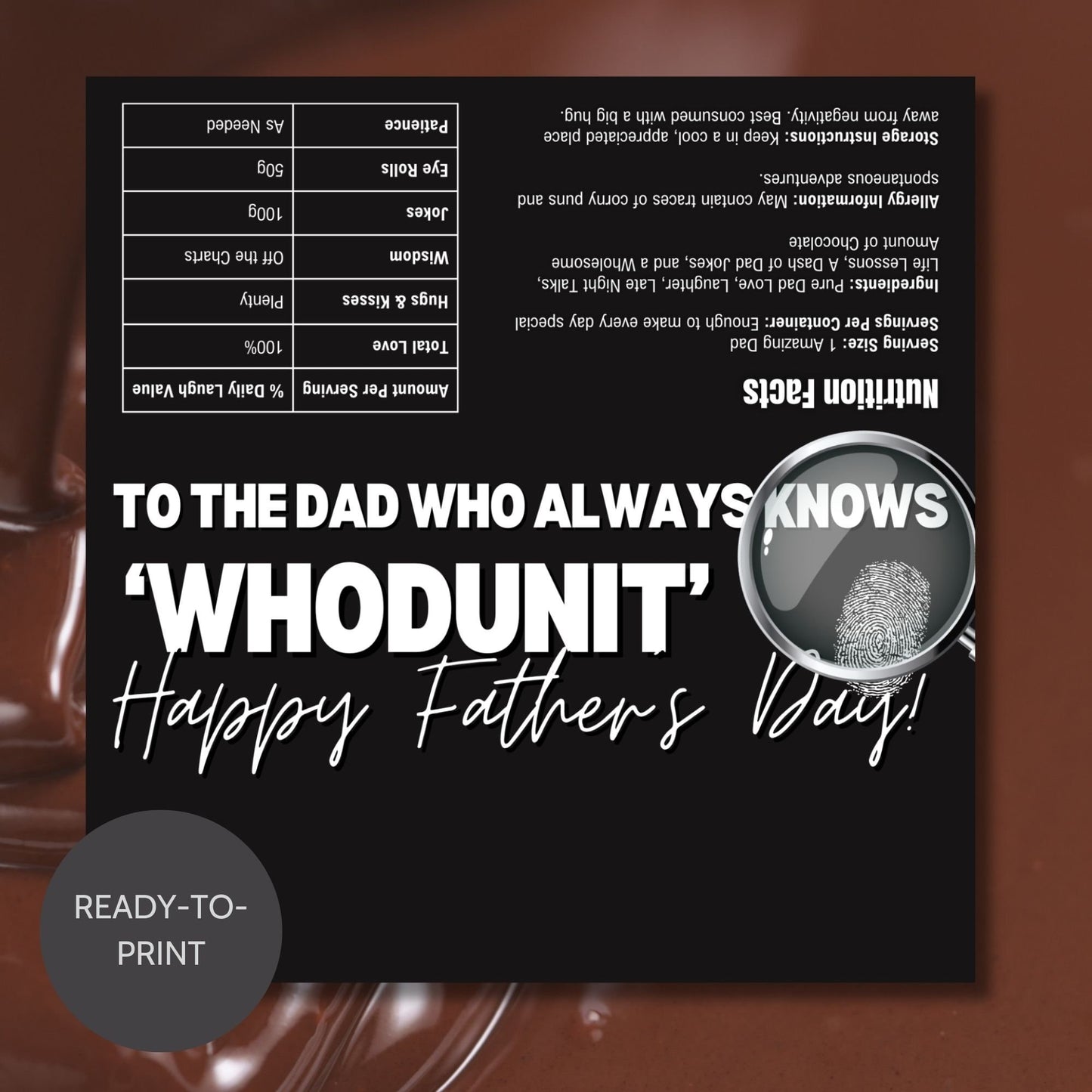 Detective-themed Fathers Day chocolate bar wrapper in black and white with a magnifying glass, fingerprint, and text To the Dad Who Always Knows Whodunit! Happy Fathers Day! from the Loving Family Co.