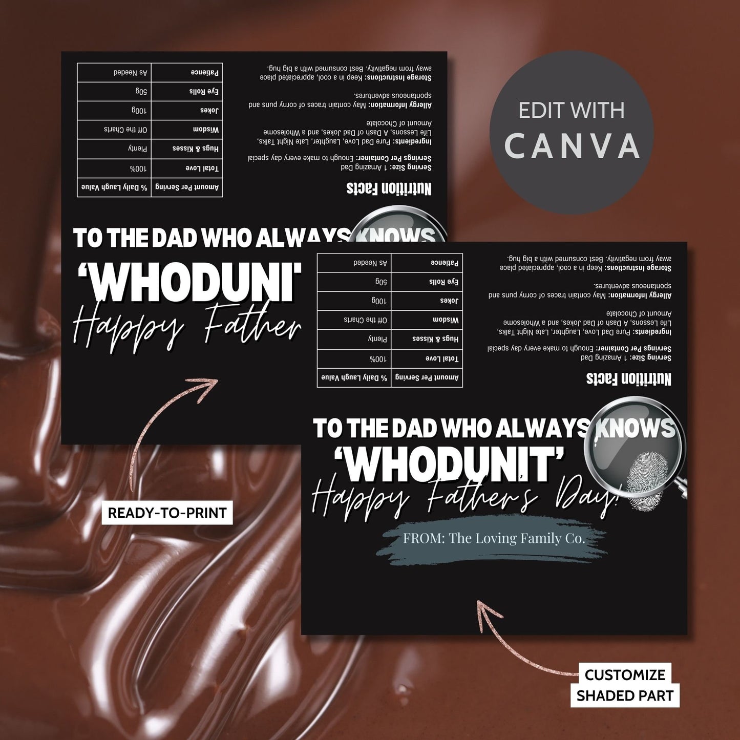 Detective-themed Fathers Day chocolate bar wrapper in black and white with a magnifying glass, fingerprint, and text To the Dad Who Always Knows Whodunit! Happy Fathers Day! from the Loving Family Co.