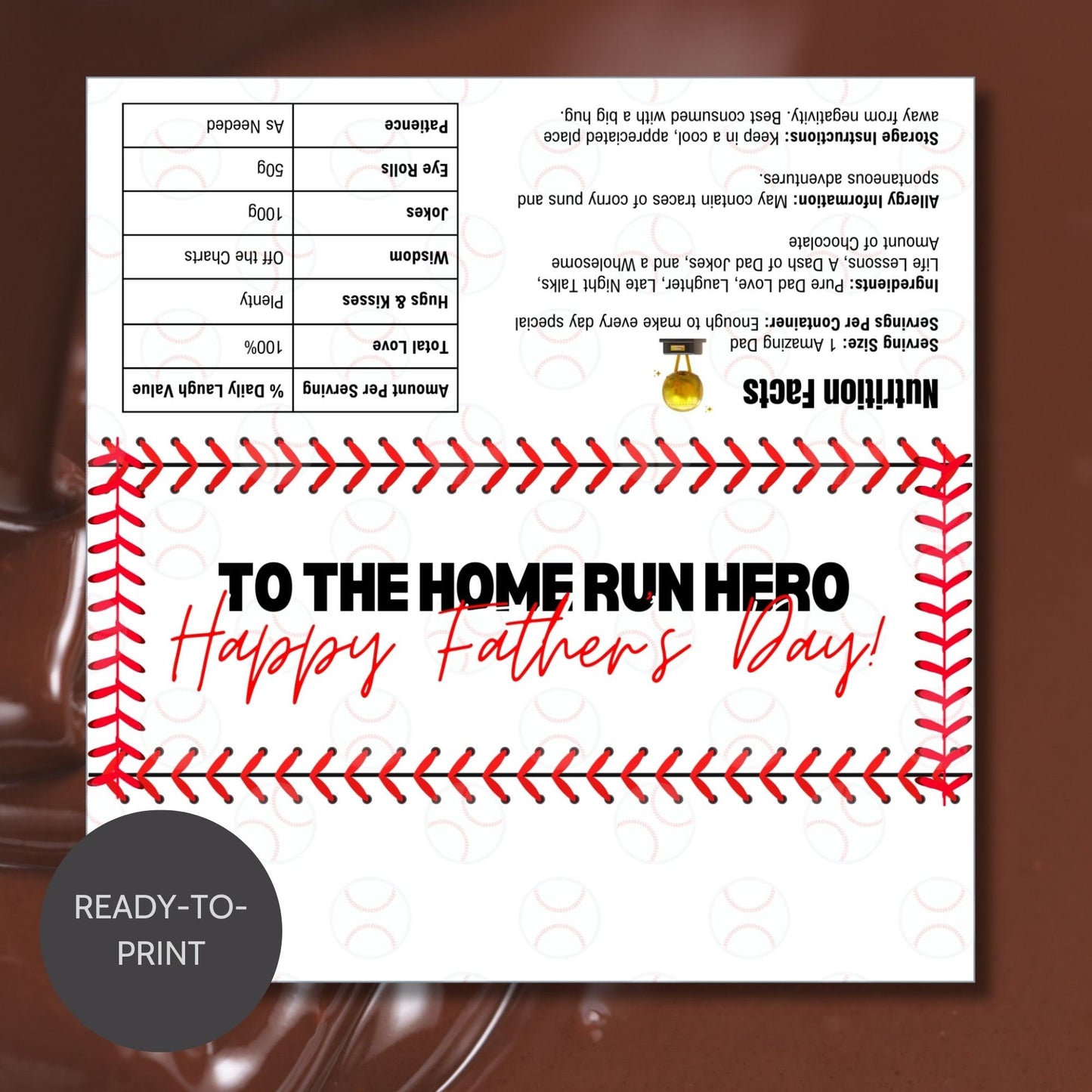 Baseball-themed Fathers Day chocolate bar wrapper with red baseball stitch patterns and baseball graphics, featuring the text To the Home Run Hero! Happy Fathers Day! from the Loving Family Co.
