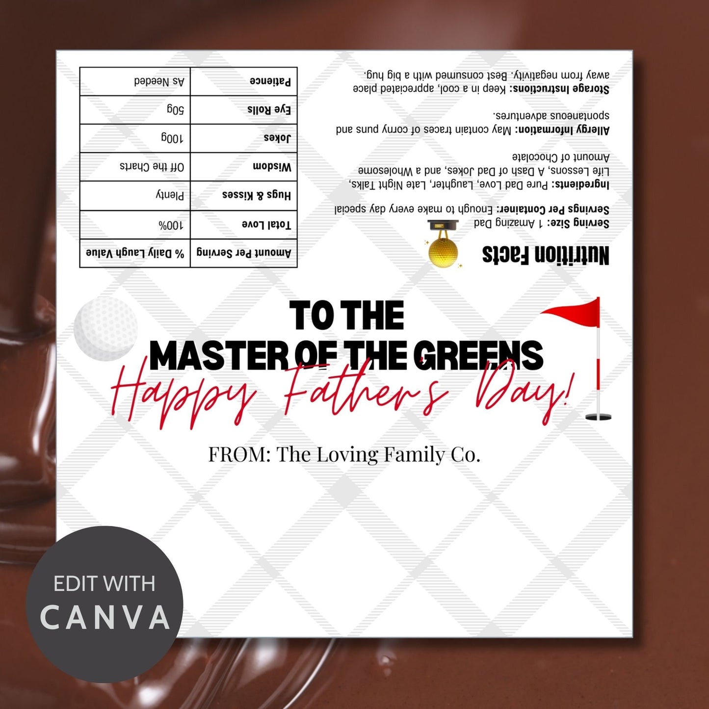 Elegant golf-themed Fathers Day chocolate bar wrapper with a golf ball and flag on an argyle background and the text To the Master of the Greens! Happy Fathers Day! from the Loving Family Co.
