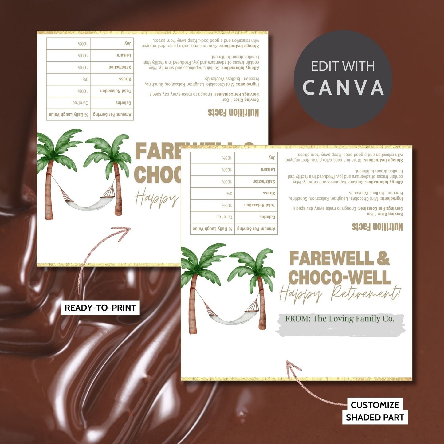 Chocolate bar wrapper with a beach hammock theme, featuring palm trees and the text Farewell & Choco-Well: Happy Retirement.