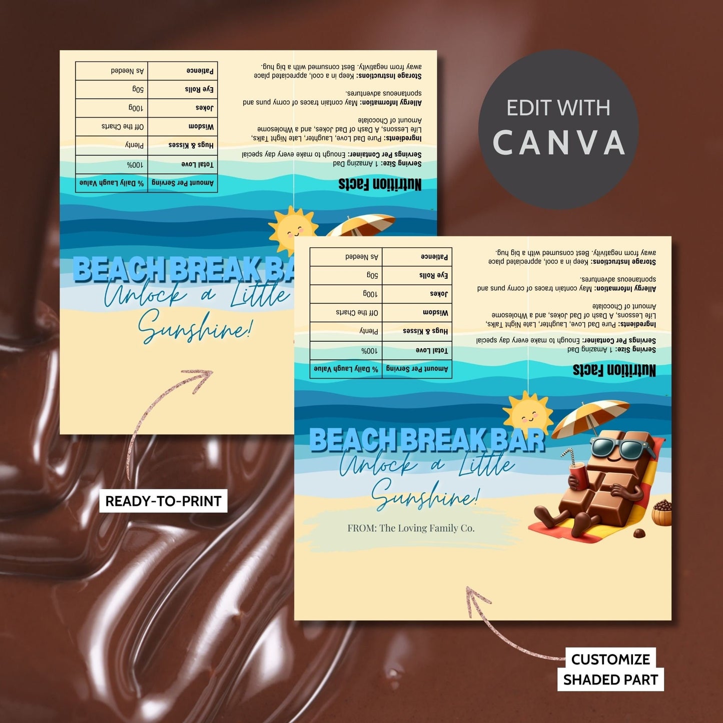 Whimsical beach-themed Fathers Day chocolate bar wrapper featuring a smiling sun, chocolate bar character with sunglasses and a drink, with the text Beach Break Bar - Unlock a Little Sunshine! from the Loving Family Co.