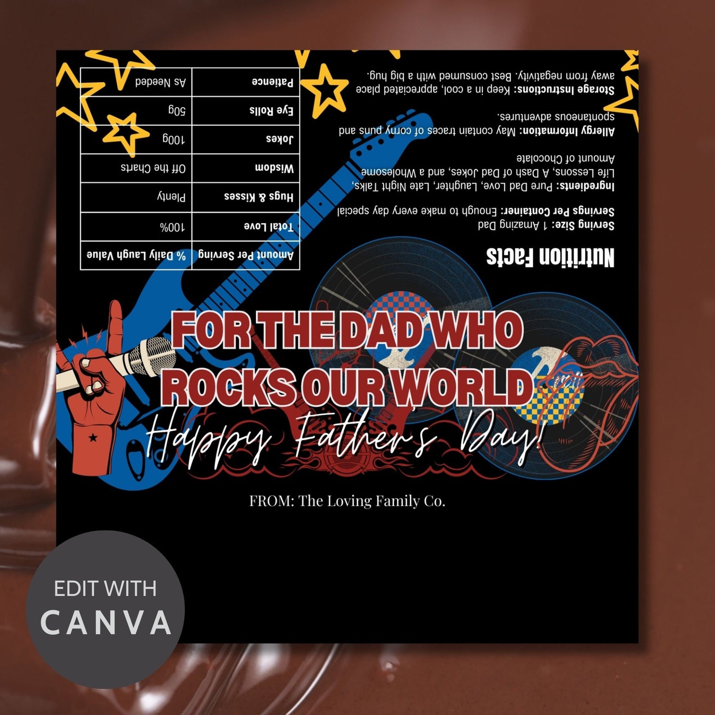Rock and roll-themed Fathers Day chocolate bar wrapper featuring a hand making a rock sign, guitar, microphone, and vinyl records with the text For the Dad Who Rocks Our World! Happy Fathers Day! from the Loving Family Co.