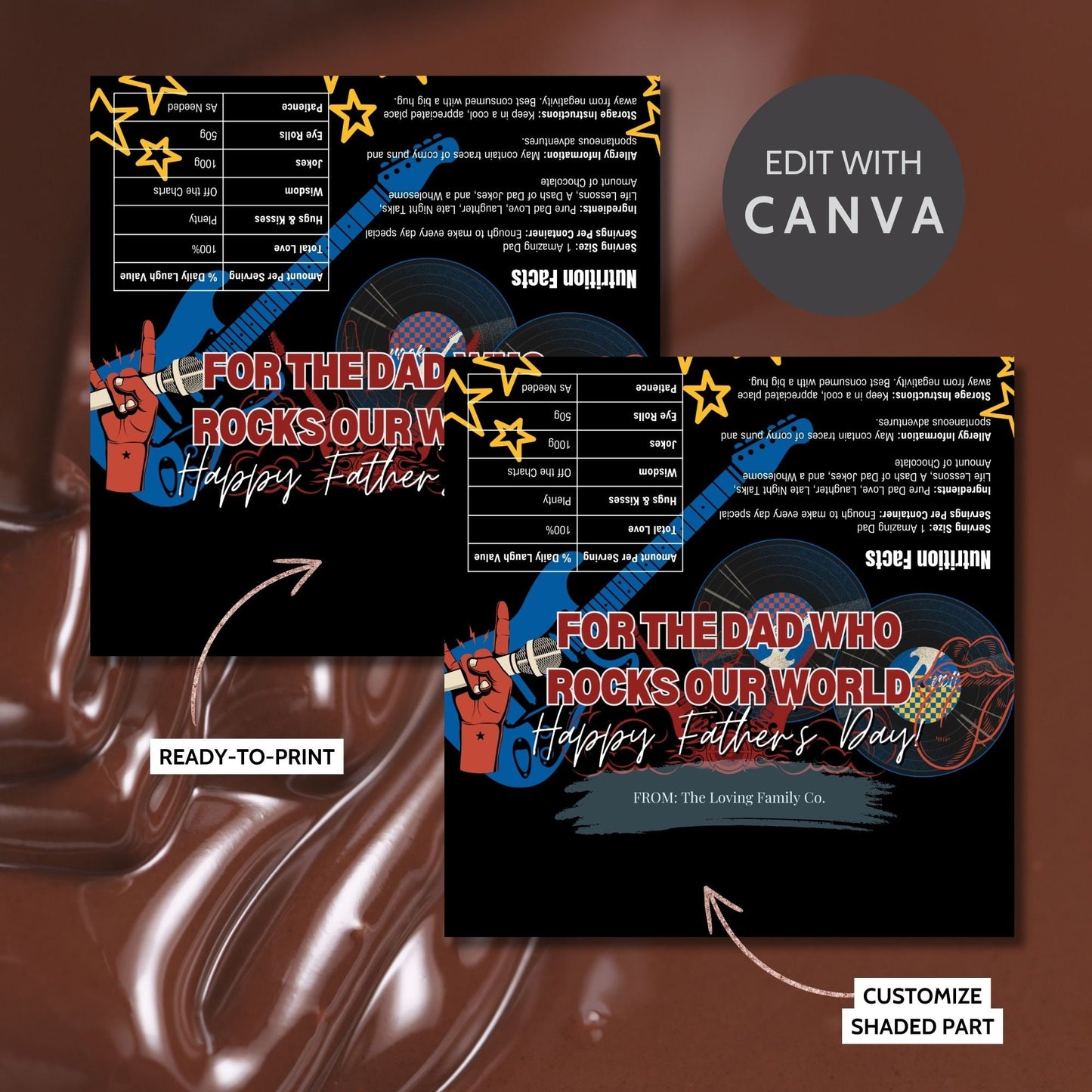 Rock and roll-themed Fathers Day chocolate bar wrapper featuring a hand making a rock sign, guitar, microphone, and vinyl records with the text For the Dad Who Rocks Our World! Happy Fathers Day! from the Loving Family Co.