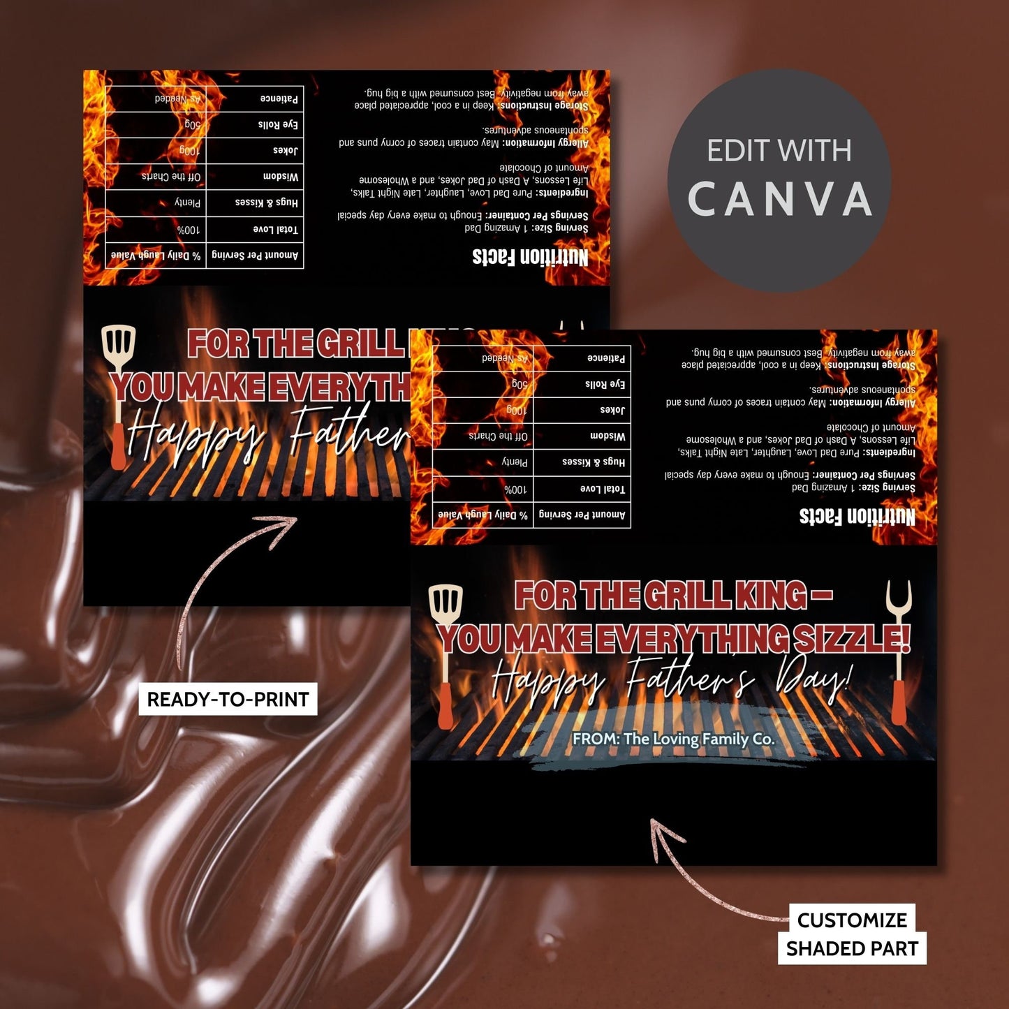 Grilling-themed Fathers Day chocolate bar wrapper featuring a fiery grill and grilling utensils with the text "For the Grill King - You Make Everything Sizzle! Happy Fathers Day! from the Loving Family Co.