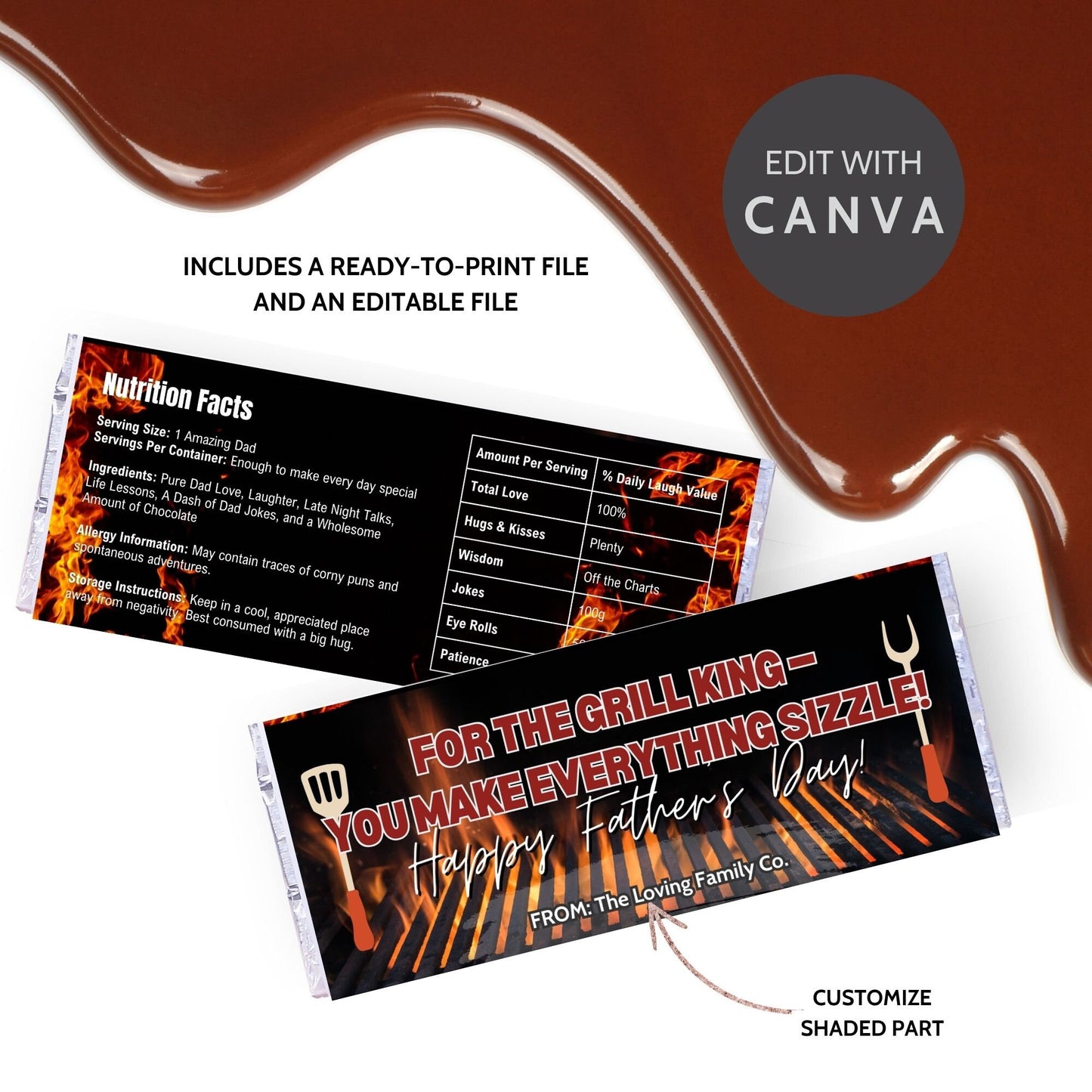 Grilling-themed Fathers Day chocolate bar wrapper featuring a fiery grill and grilling utensils with the text "For the Grill King - You Make Everything Sizzle! Happy Fathers Day! from the Loving Family Co.