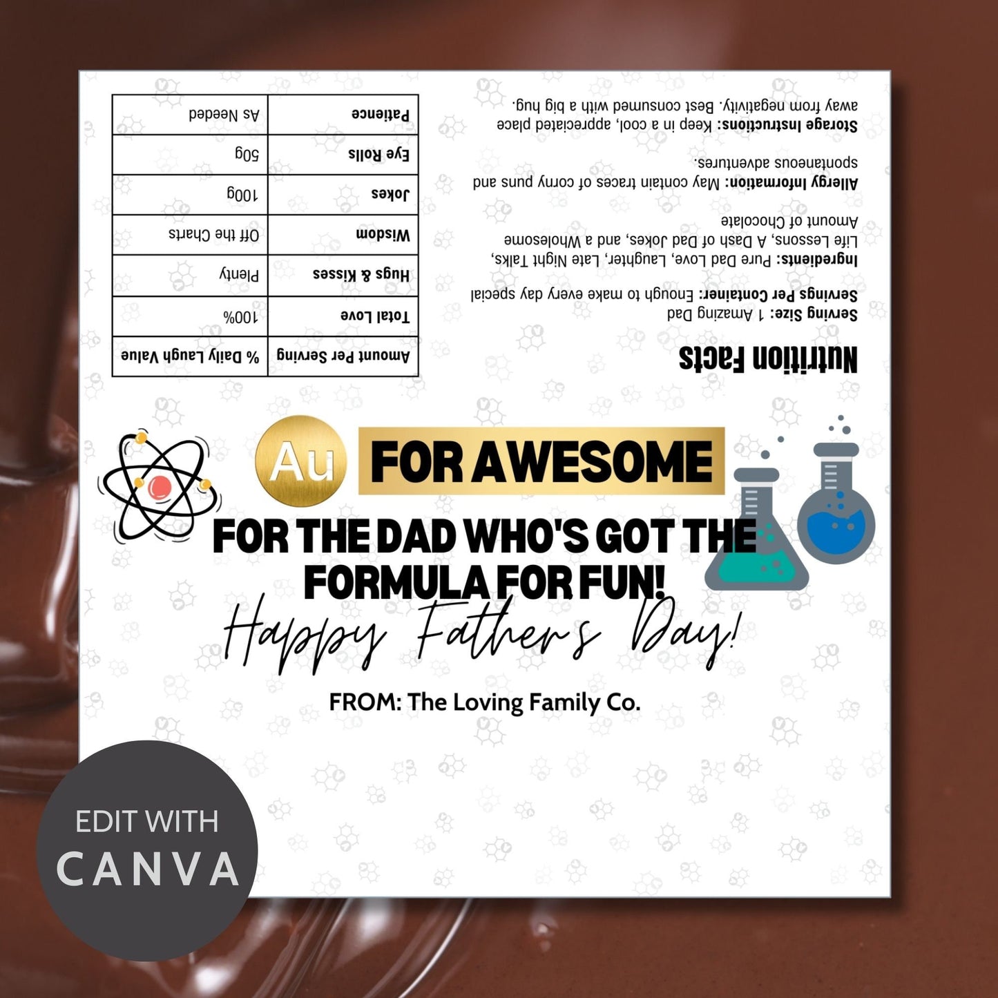 Science-themed Fathers Day chocolate bar wrapper featuring atomic and chemical flask symbols with the text For Awesome - For the Dad Who's Got the Formula for Fun! Happy Fathers Day! from the Loving Family Co.