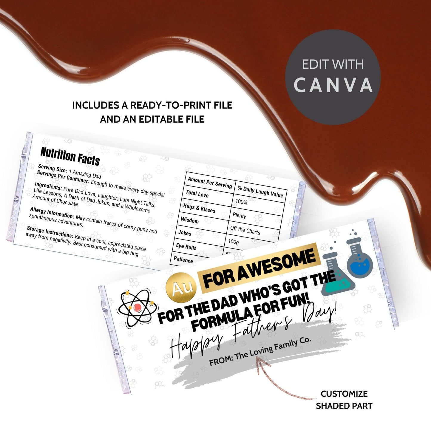 Science-themed Fathers Day chocolate bar wrapper featuring atomic and chemical flask symbols with the text For Awesome - For the Dad Who's Got the Formula for Fun! Happy Fathers Day! from the Loving Family Co.