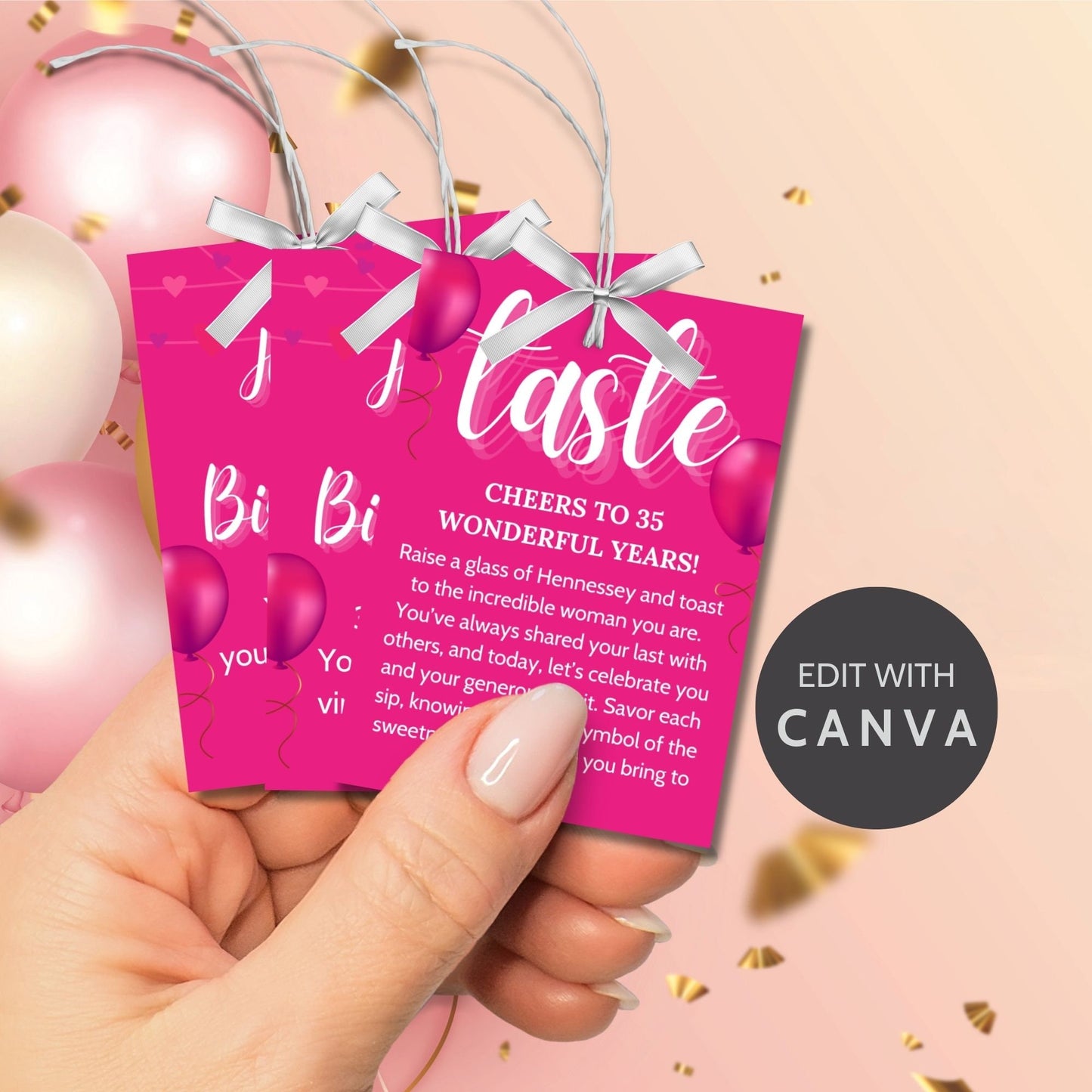 Editable birthday 5 senses gift tags in vibrant pink, featuring heartfelt messages for each sense: sight, hear, taste, smell, and touch. Tags are customizable via Canva and perfect for making birthdays special.