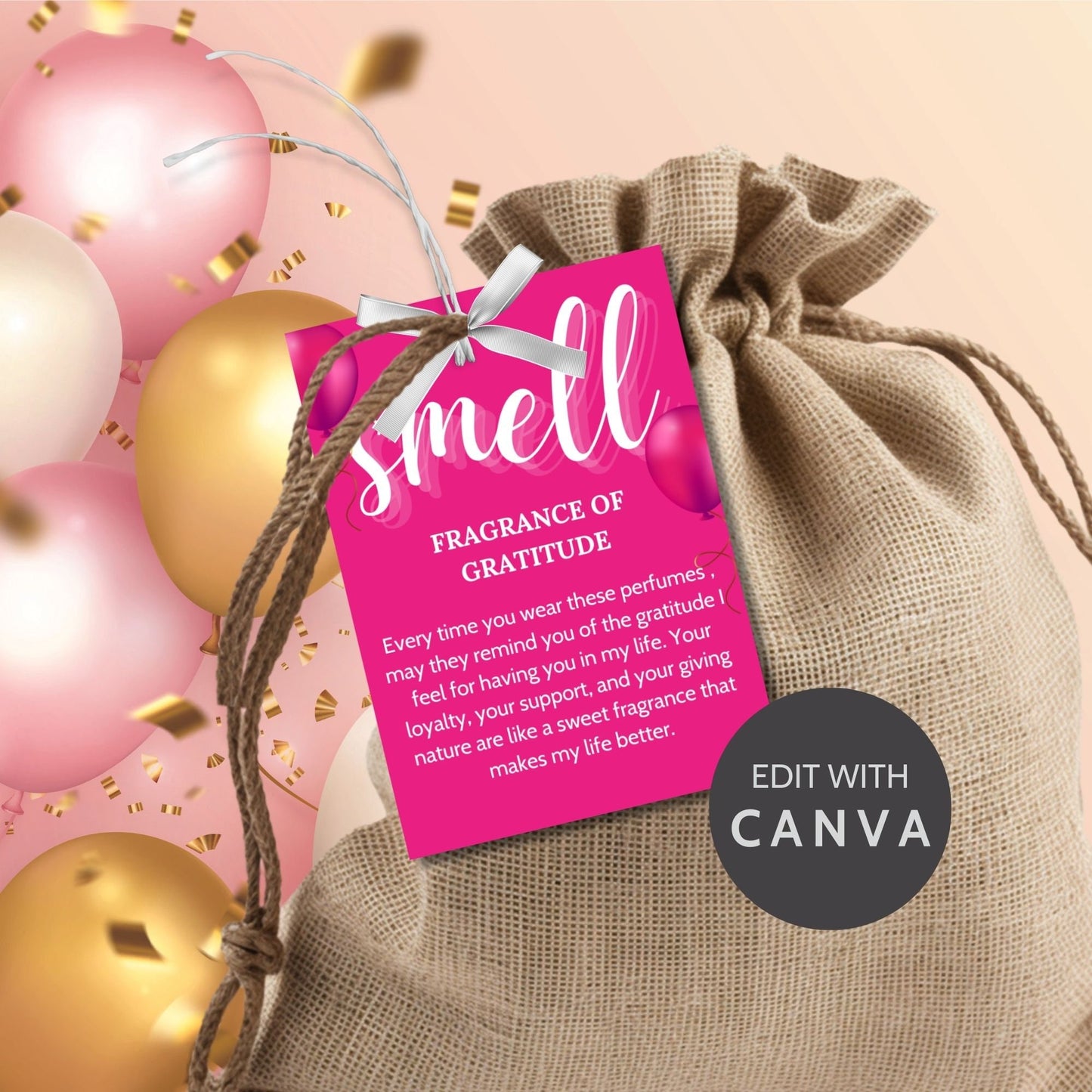 Editable birthday 5 senses gift tags in vibrant pink, featuring heartfelt messages for each sense: sight, hear, taste, smell, and touch. Tags are customizable via Canva and perfect for making birthdays special.