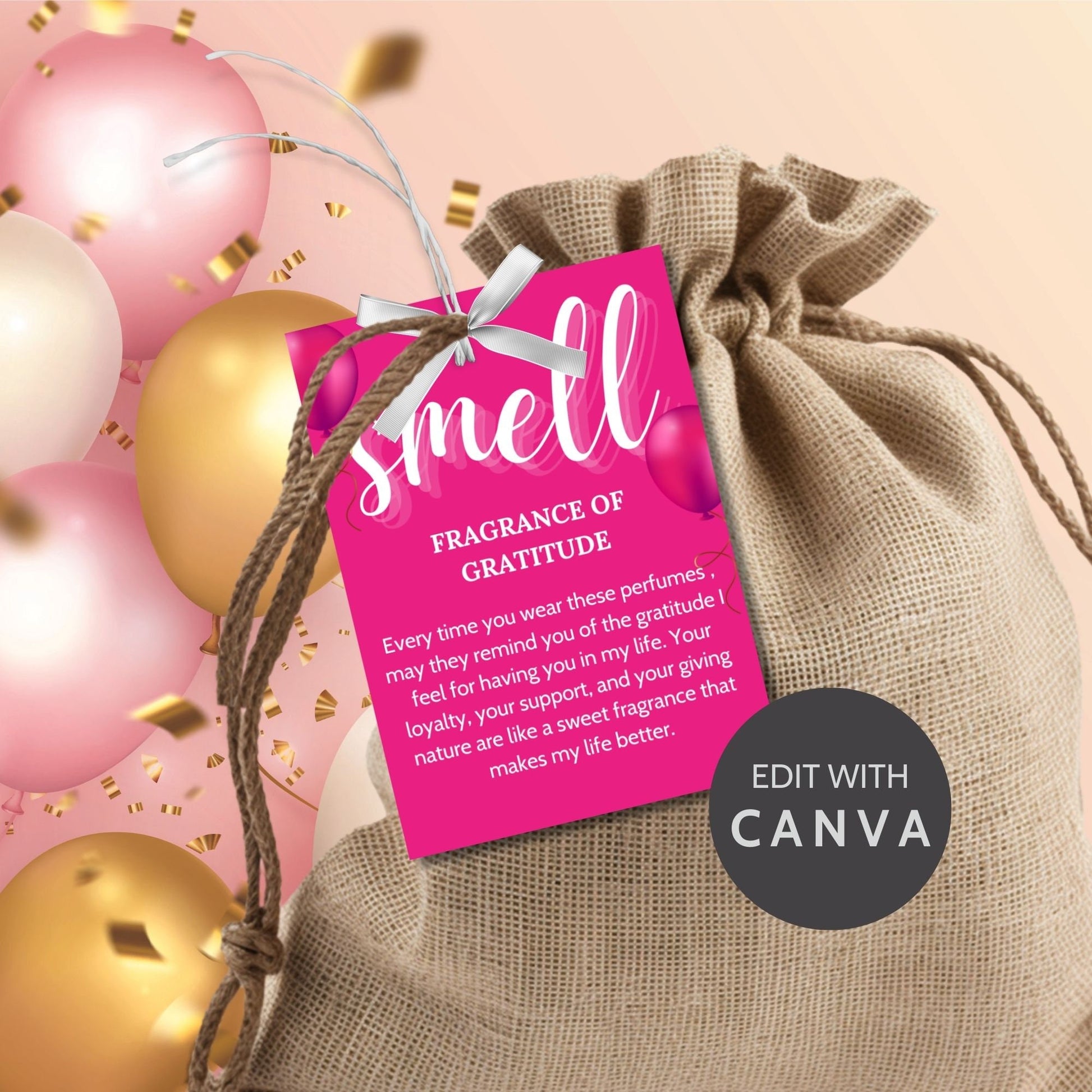 Editable birthday 5 senses gift tags in vibrant pink, featuring heartfelt messages for each sense: sight, hear, taste, smell, and touch. Tags are customizable via Canva and perfect for making birthdays special.