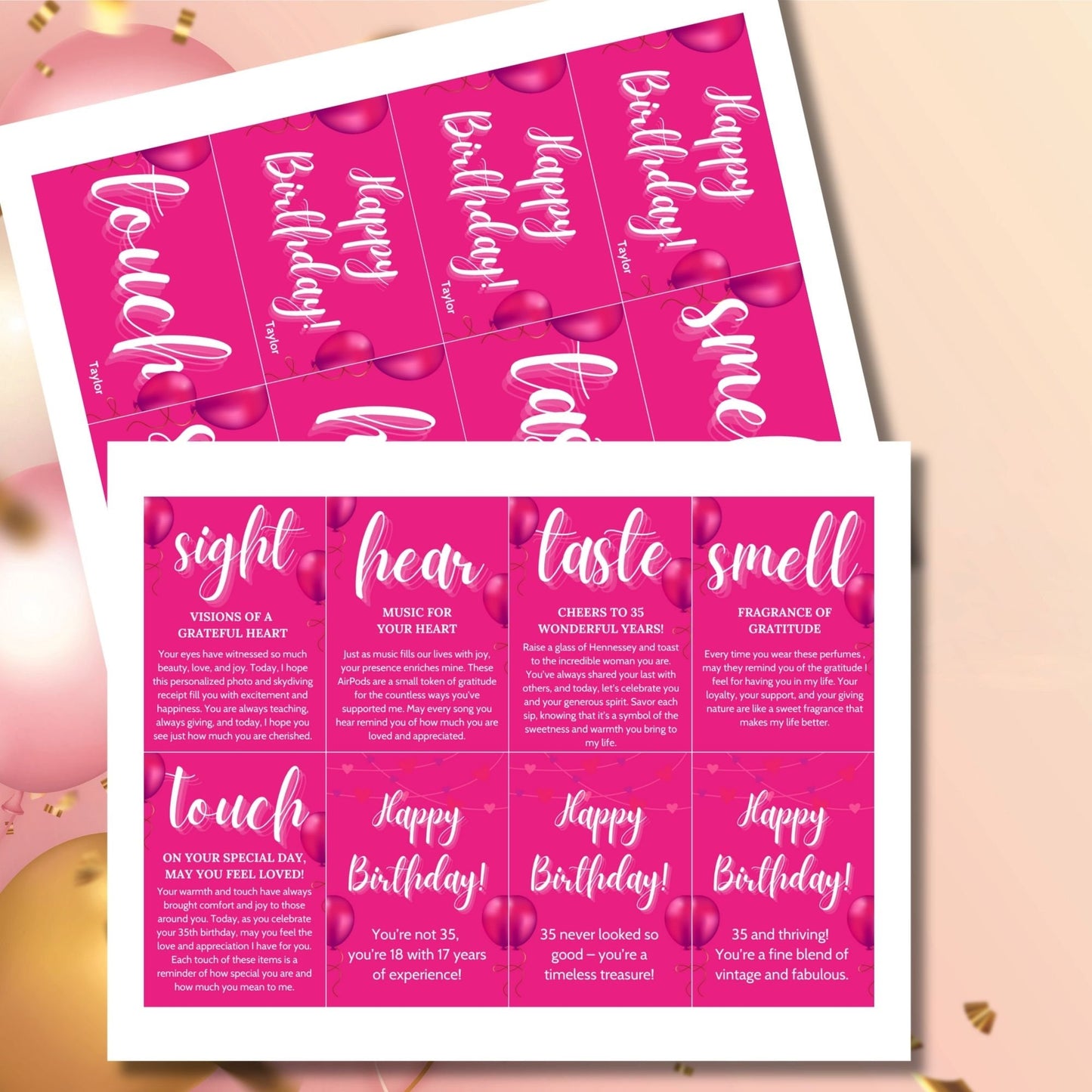 Editable birthday 5 senses gift tags in vibrant pink, featuring heartfelt messages for each sense: sight, hear, taste, smell, and touch. Tags are customizable via Canva and perfect for making birthdays special.