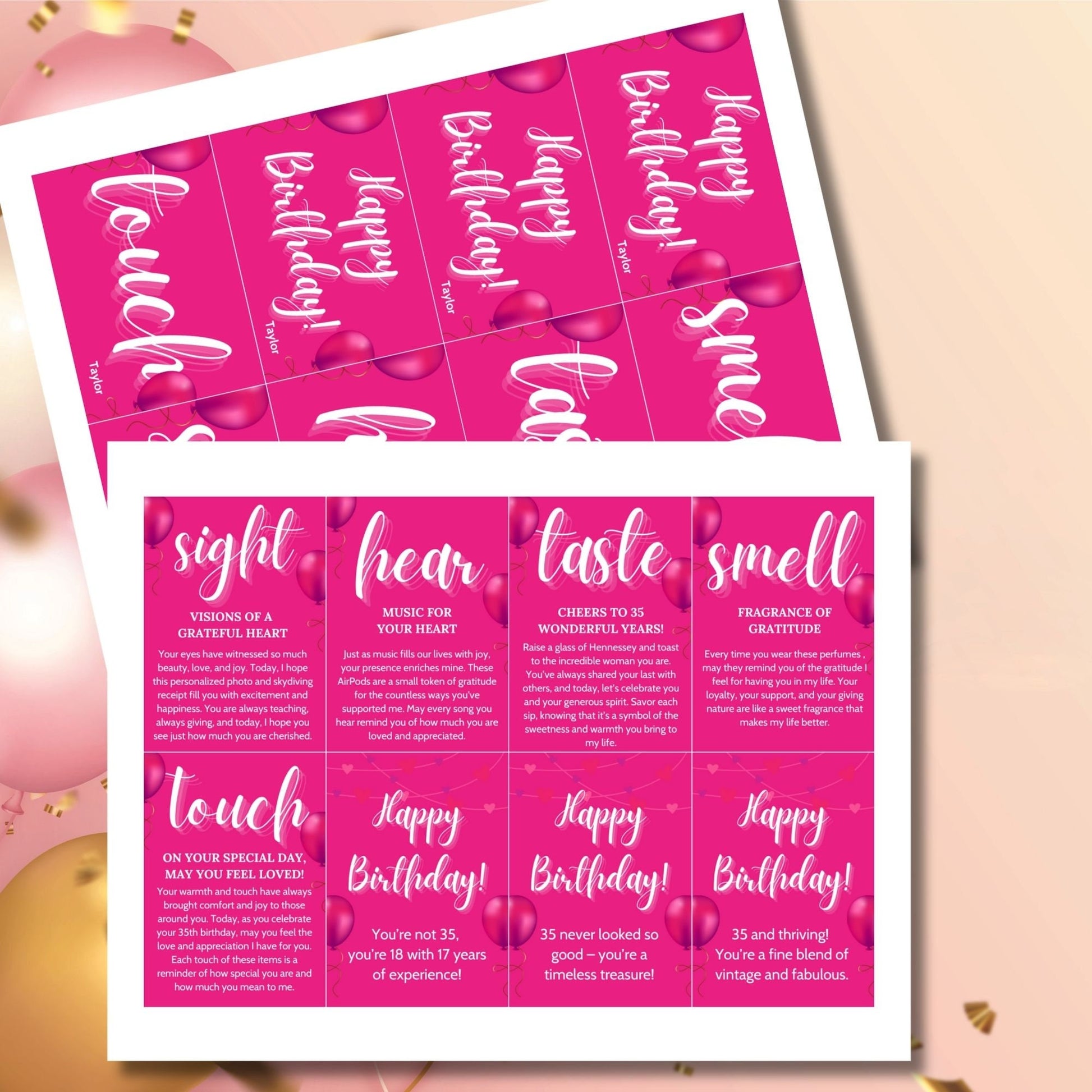 Editable birthday 5 senses gift tags in vibrant pink, featuring heartfelt messages for each sense: sight, hear, taste, smell, and touch. Tags are customizable via Canva and perfect for making birthdays special.