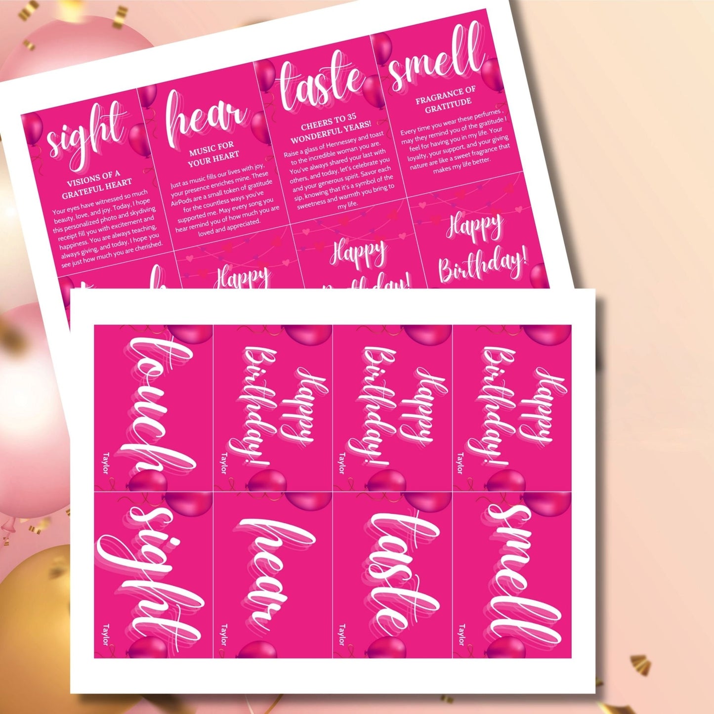 Editable birthday 5 senses gift tags in vibrant pink, featuring heartfelt messages for each sense: sight, hear, taste, smell, and touch. Tags are customizable via Canva and perfect for making birthdays special.