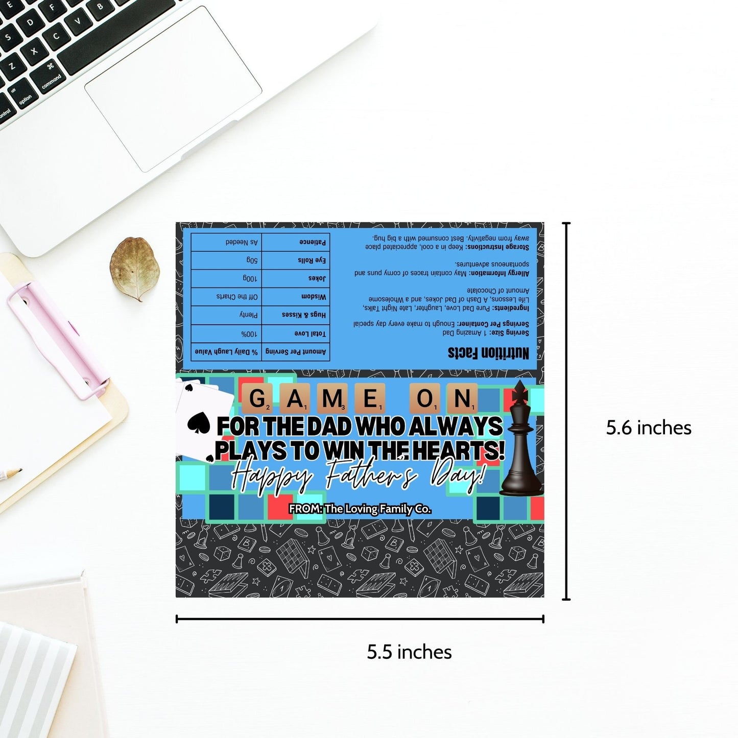 Board game-themed Fathers Day chocolate bar wrapper featuring chess and card game elements with colorful tiles and the text Game On - For the Dad Who Always Plays to Win the Hearts! Happy Fathers Day! from the Loving Family Co.