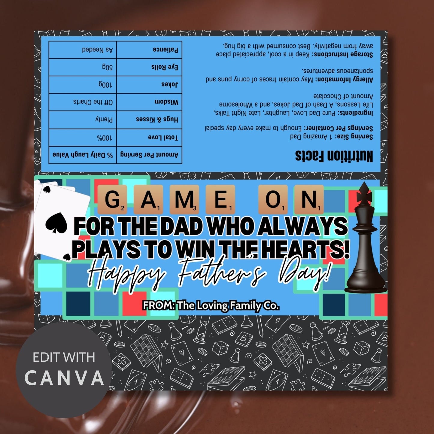 Board game-themed Fathers Day chocolate bar wrapper featuring chess and card game elements with colorful tiles and the text Game On - For the Dad Who Always Plays to Win the Hearts! Happy Fathers Day! from the Loving Family Co.