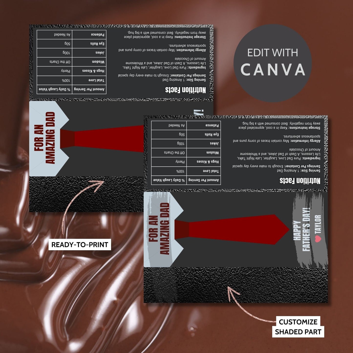 Sophisticated necktie-themed Fathers Day chocolate bar wrapper in shades of red and dark gray with the text For an Amazing Dad - Happy Fathers Day! - Taylor β€οΈ